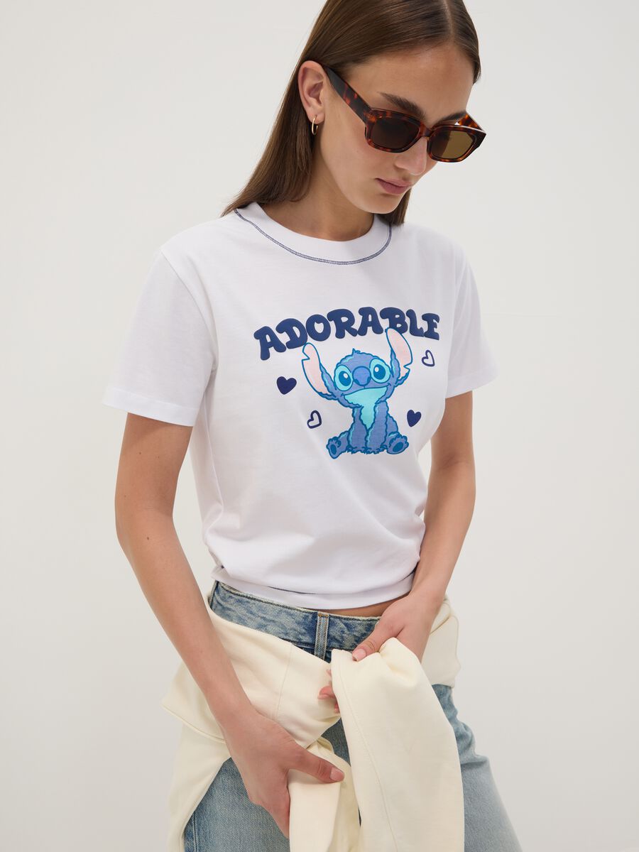T-shirt bianca in puro cotone con stampa Stitch regular fit_1