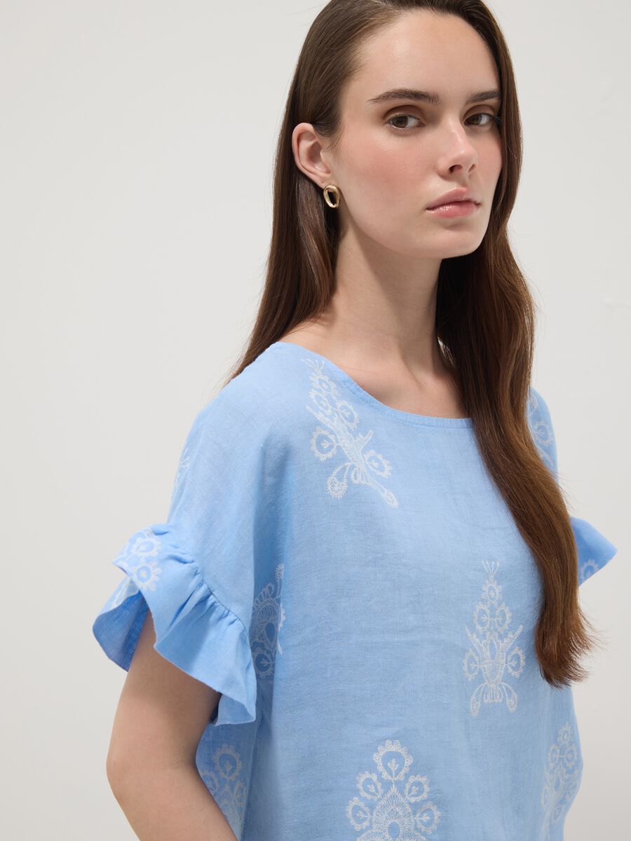 Light blue pure linen blouse with embroidery and ruffled sleeves, regular fit_1