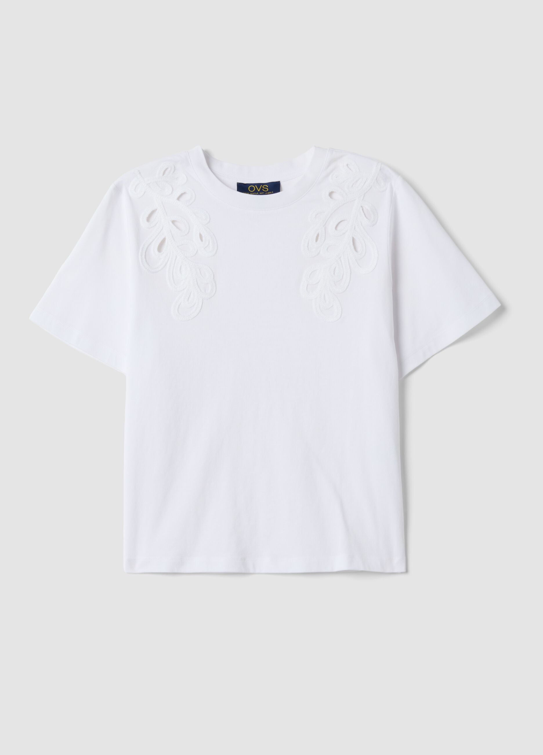 White pure cotton T-shirt with embroidery, regular fit