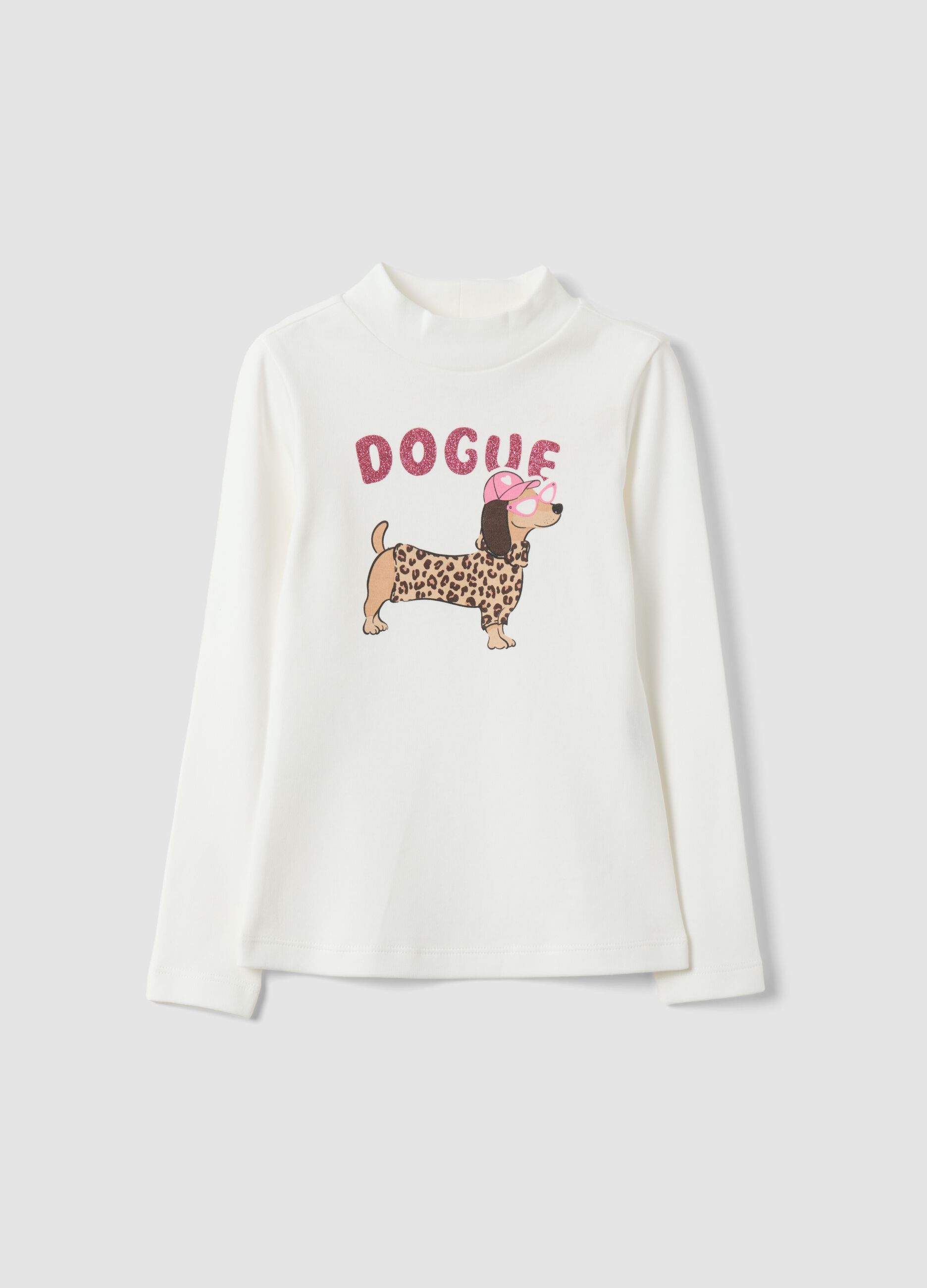 White pure organic cotton T-shirt with raised neck and puppy print