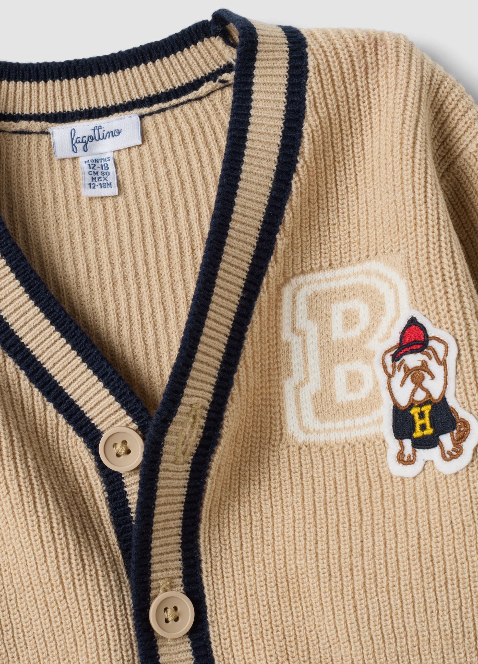 Beige cotton-blend V-neck cardigan for boys