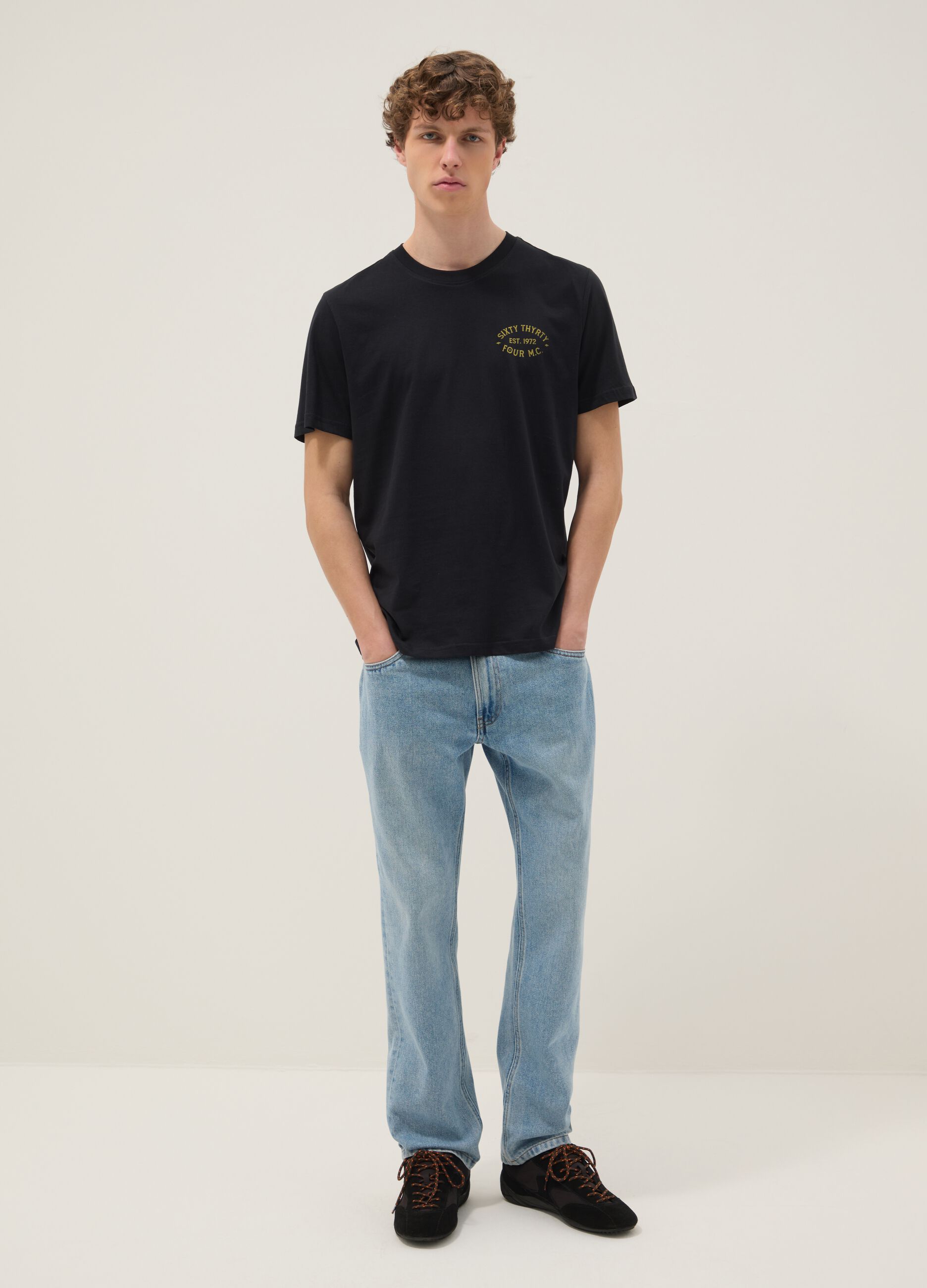 Black printed T-shirt in pure cotton, regular fit