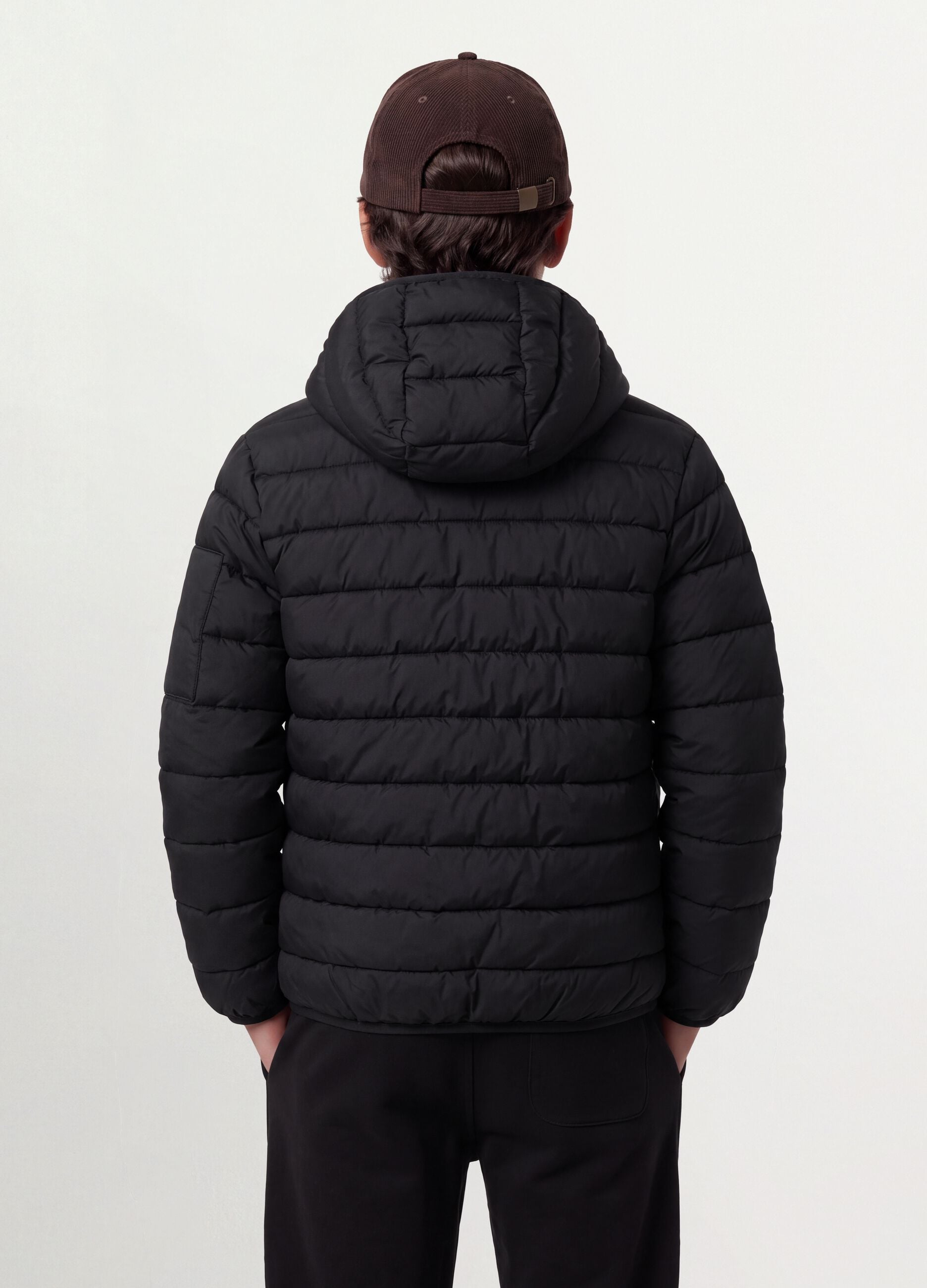 Black Ultralight padded hooded jacket with zip for boys