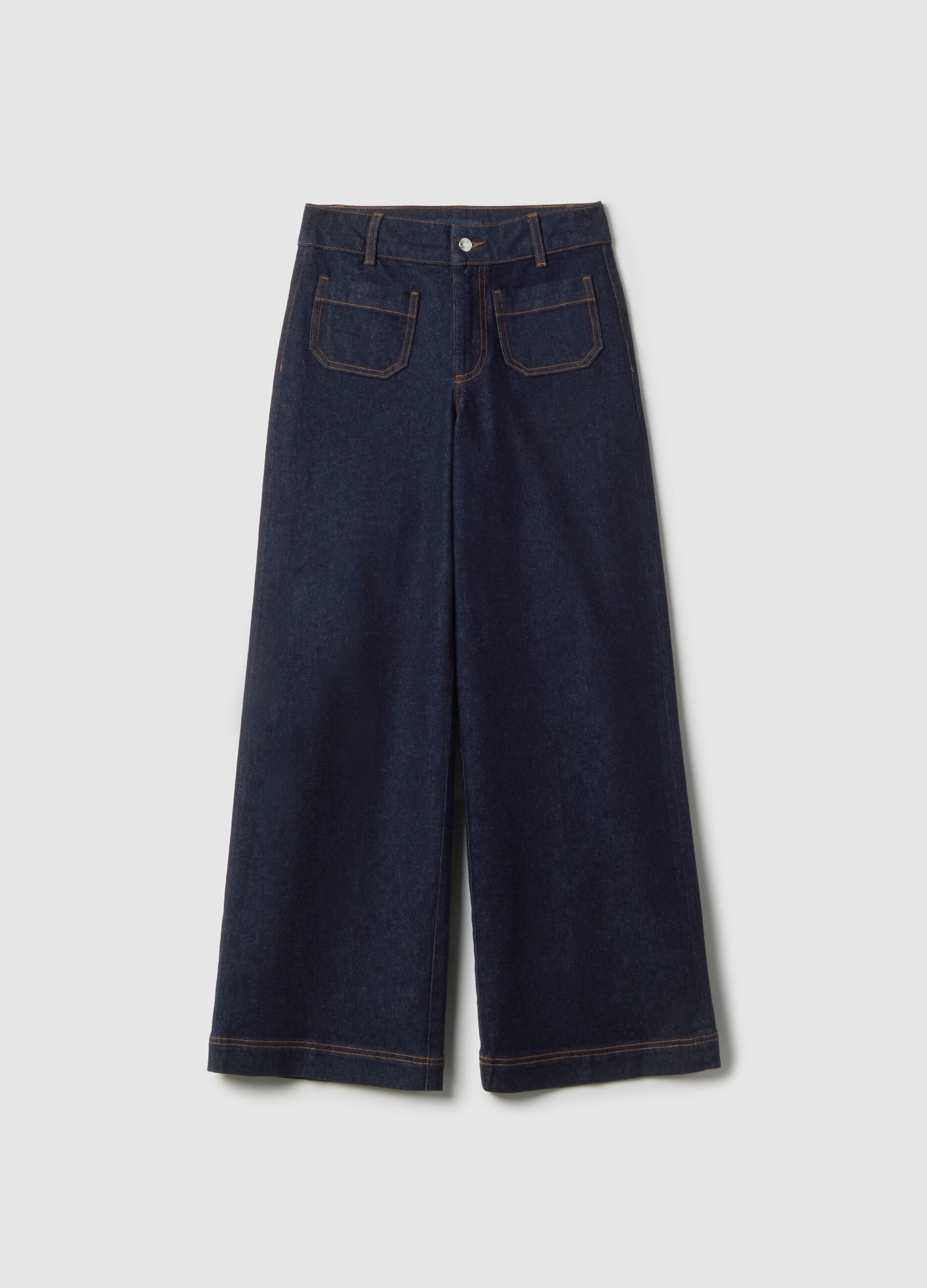 Wide-leg blue denim cotton jeans