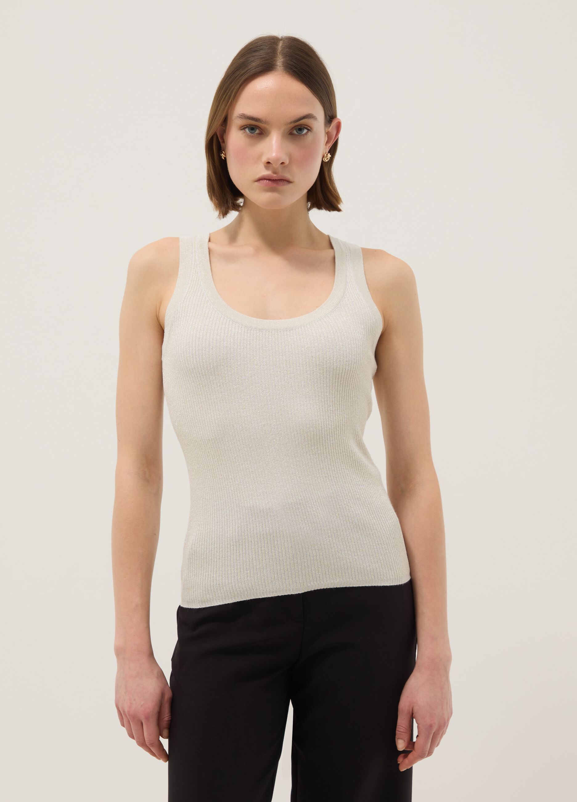 White viscose blend fitted tank top