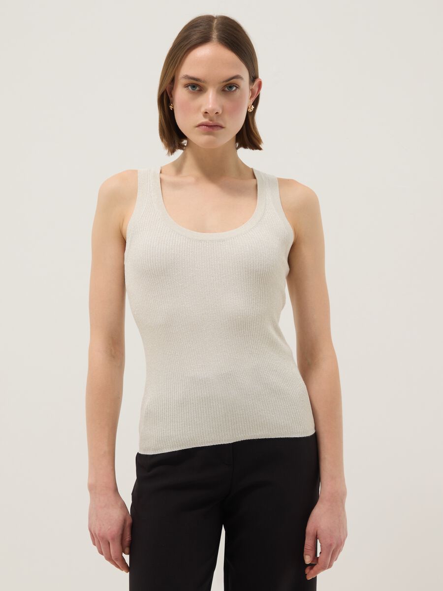 White viscose blend fitted tank top_0