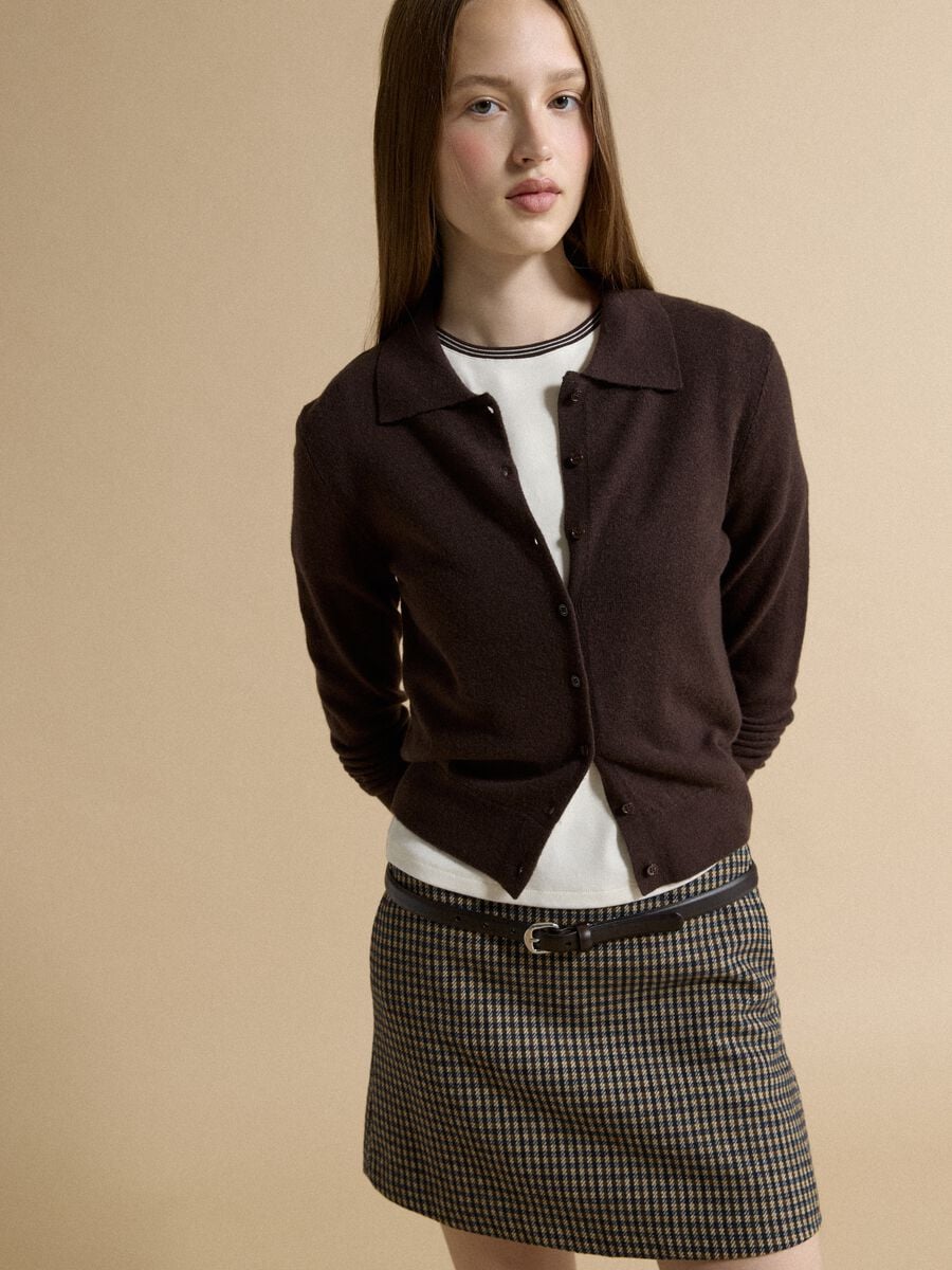 Brown pure wool cardigan with polo collar, regular fit_1
