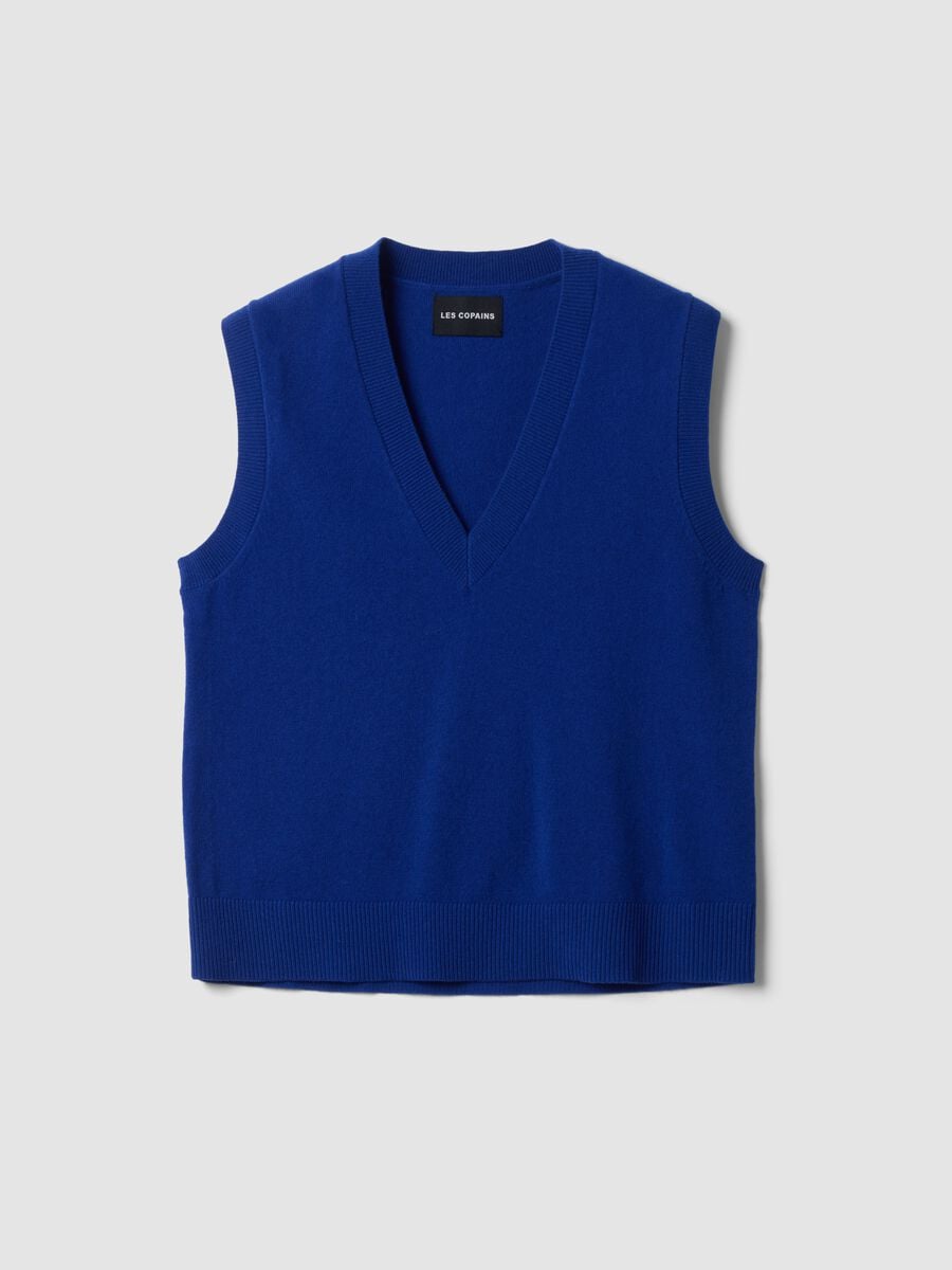 Blue pure wool gilet with deep V-neck_4