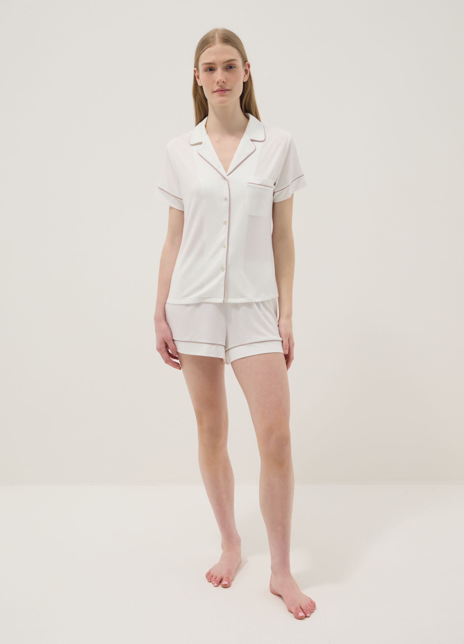 Regular fit white stretch viscose blend pyjama top