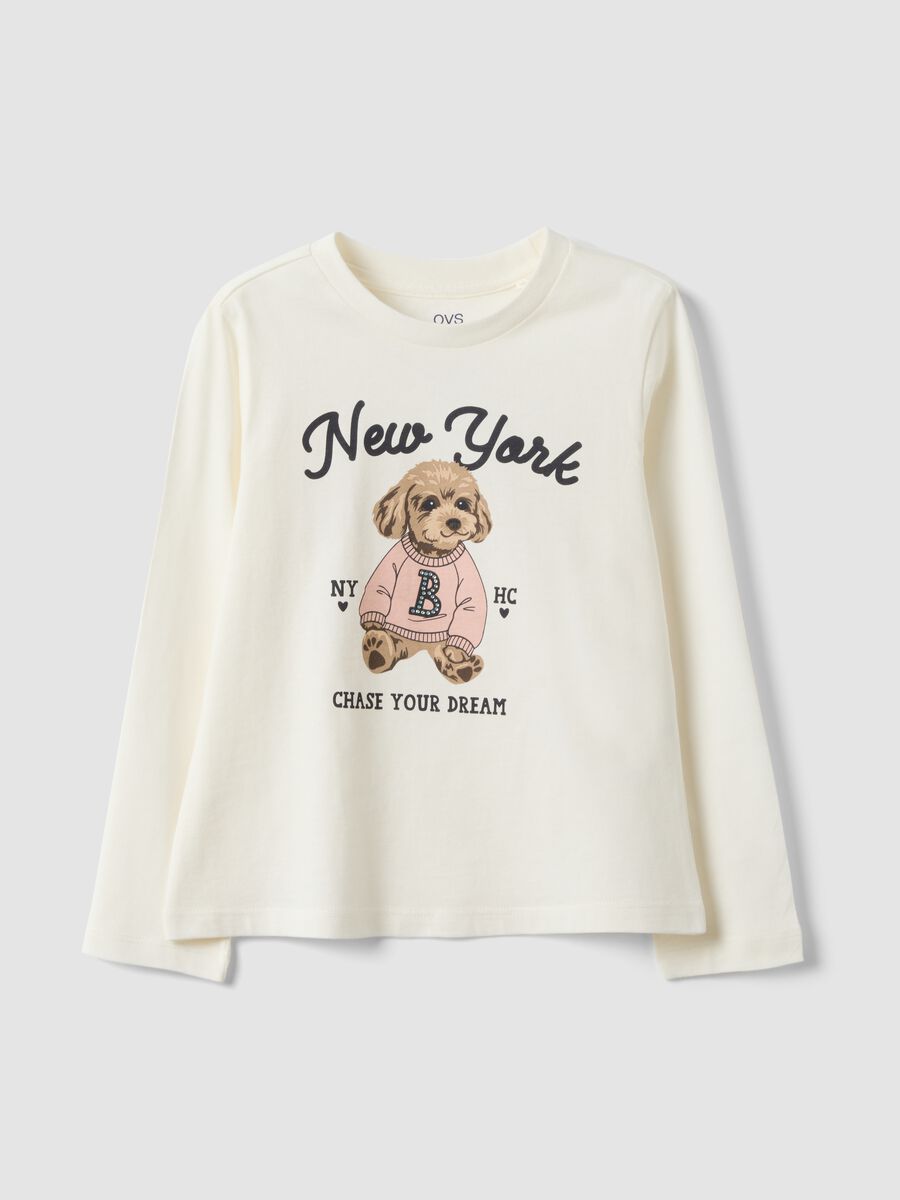 White pure organic cotton T-shirt with puppy print for girls_0
