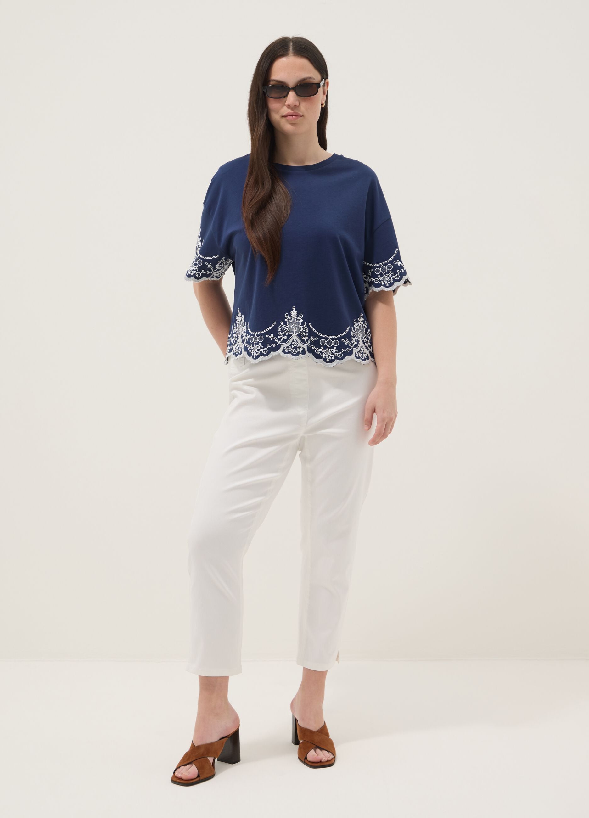 Blue pure cotton embroidered T-shirt, regular fit