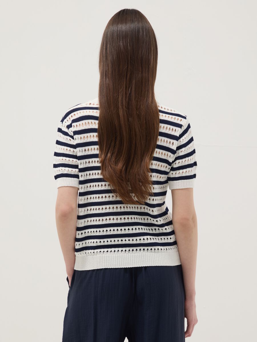 White and blue striped regular-fit openwork viscose-blend T-shirt_3