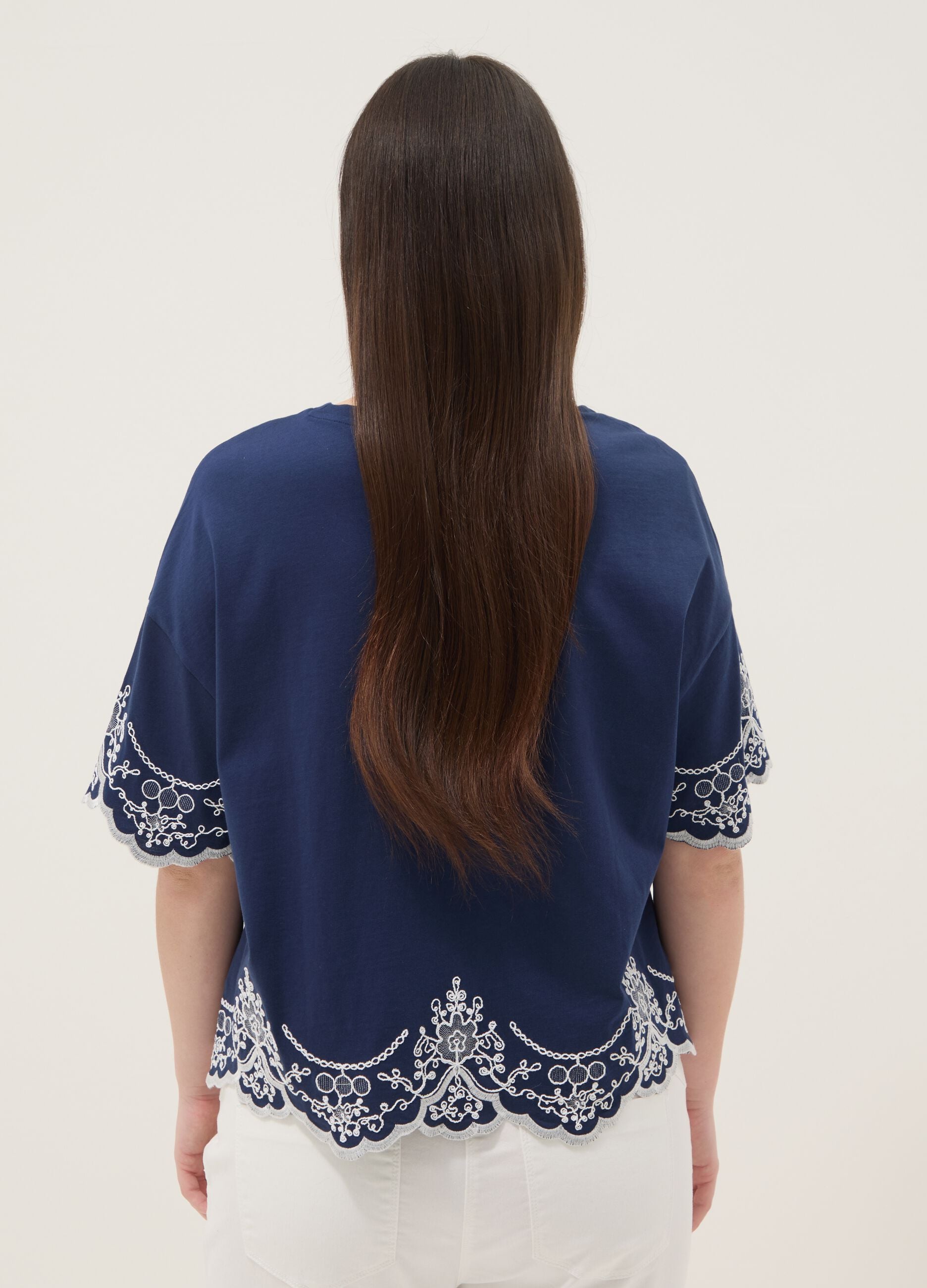 Blue pure cotton embroidered T-shirt, regular fit
