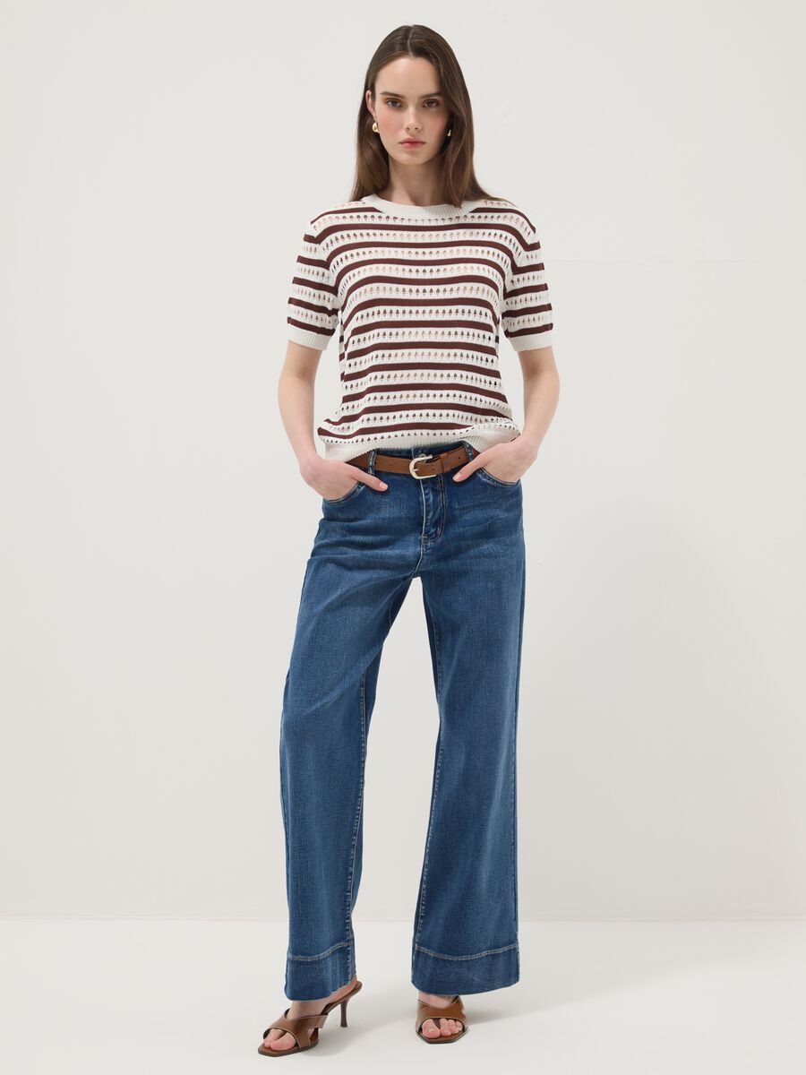 White and brown striped open-knit viscose-blend T-shirt, regular fit_2