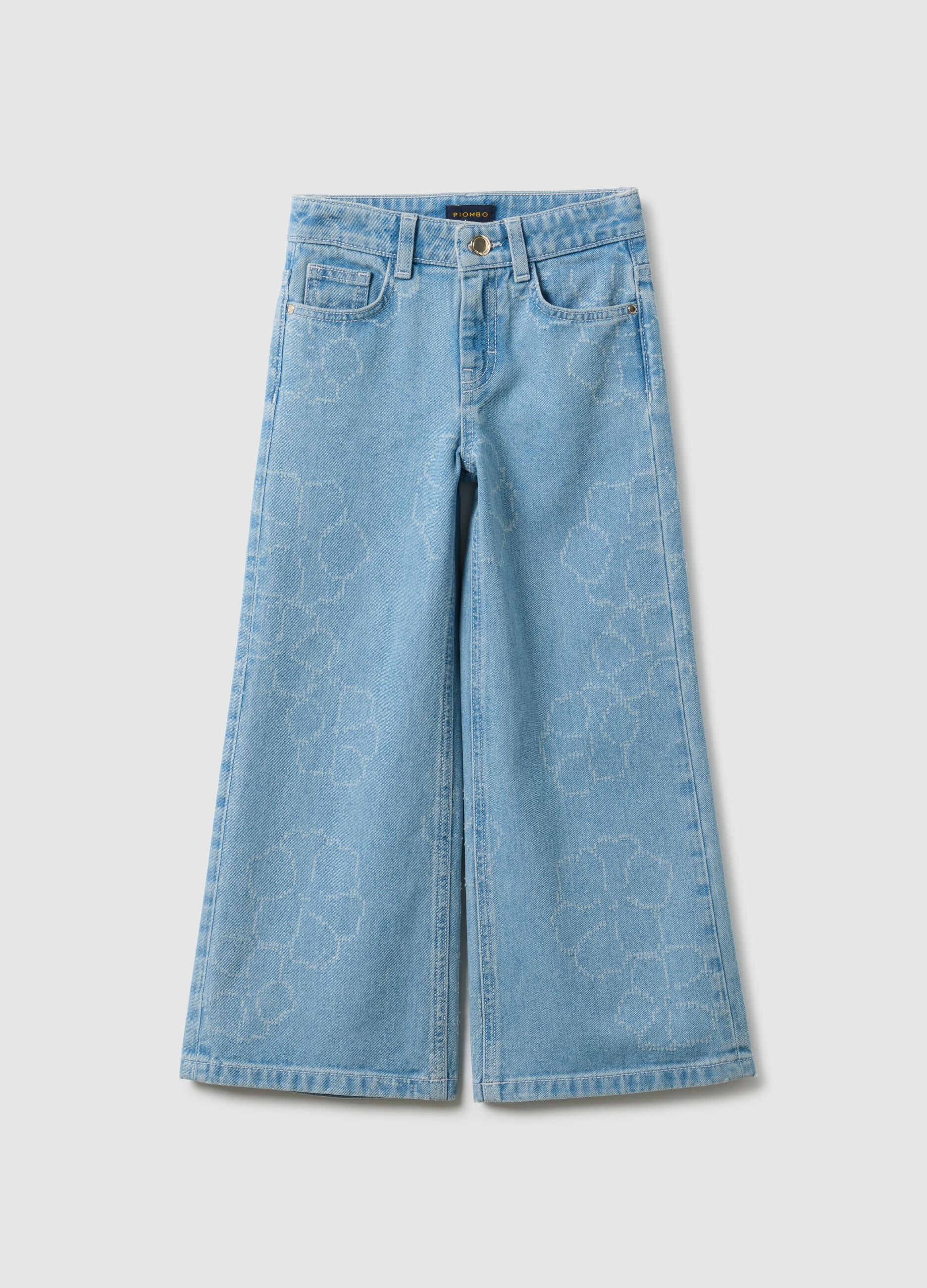 Girls' wide-leg light blue pure cotton jeans with floral print