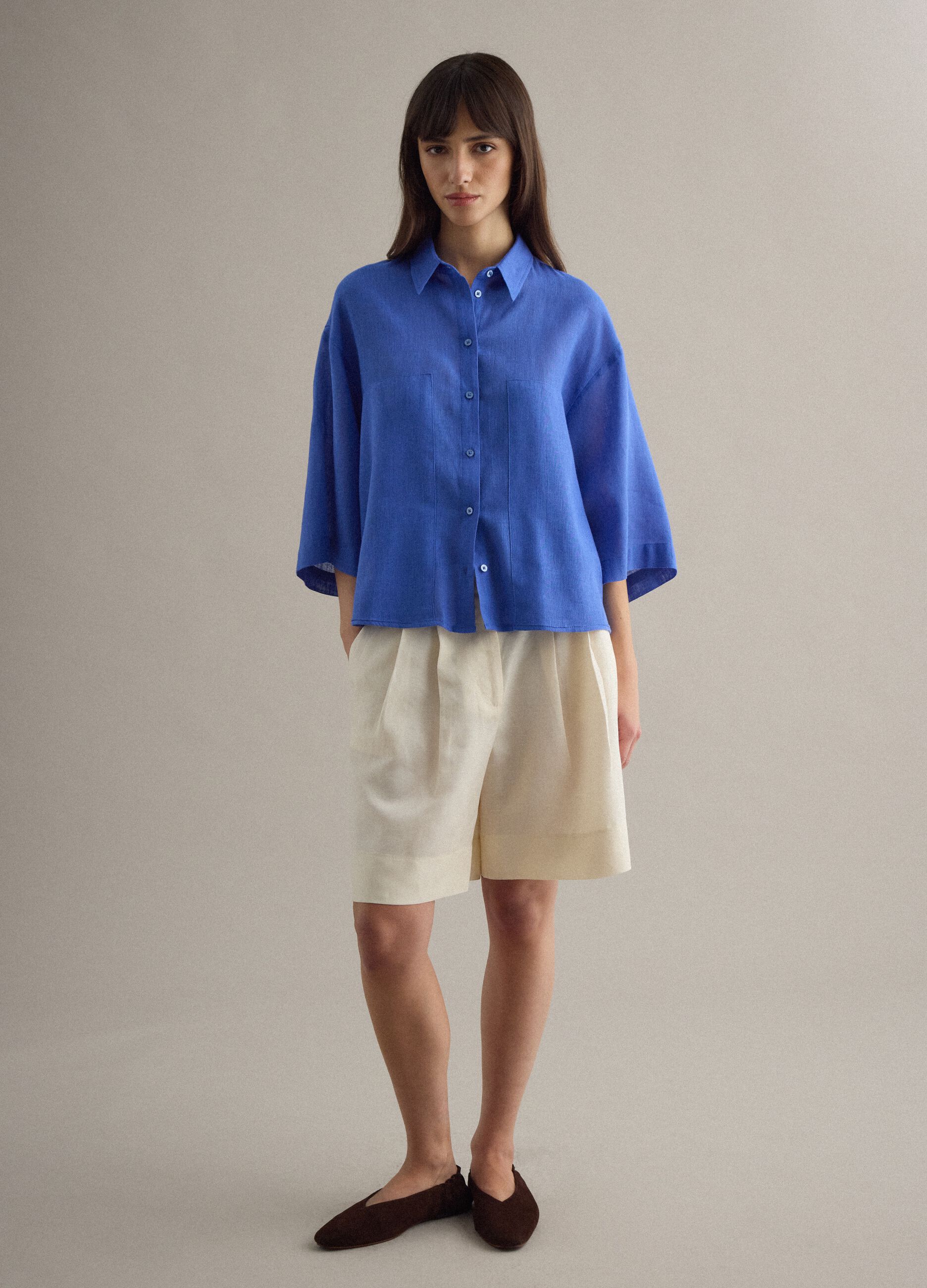 Blue Linen Blend Oversized Fit Shirt