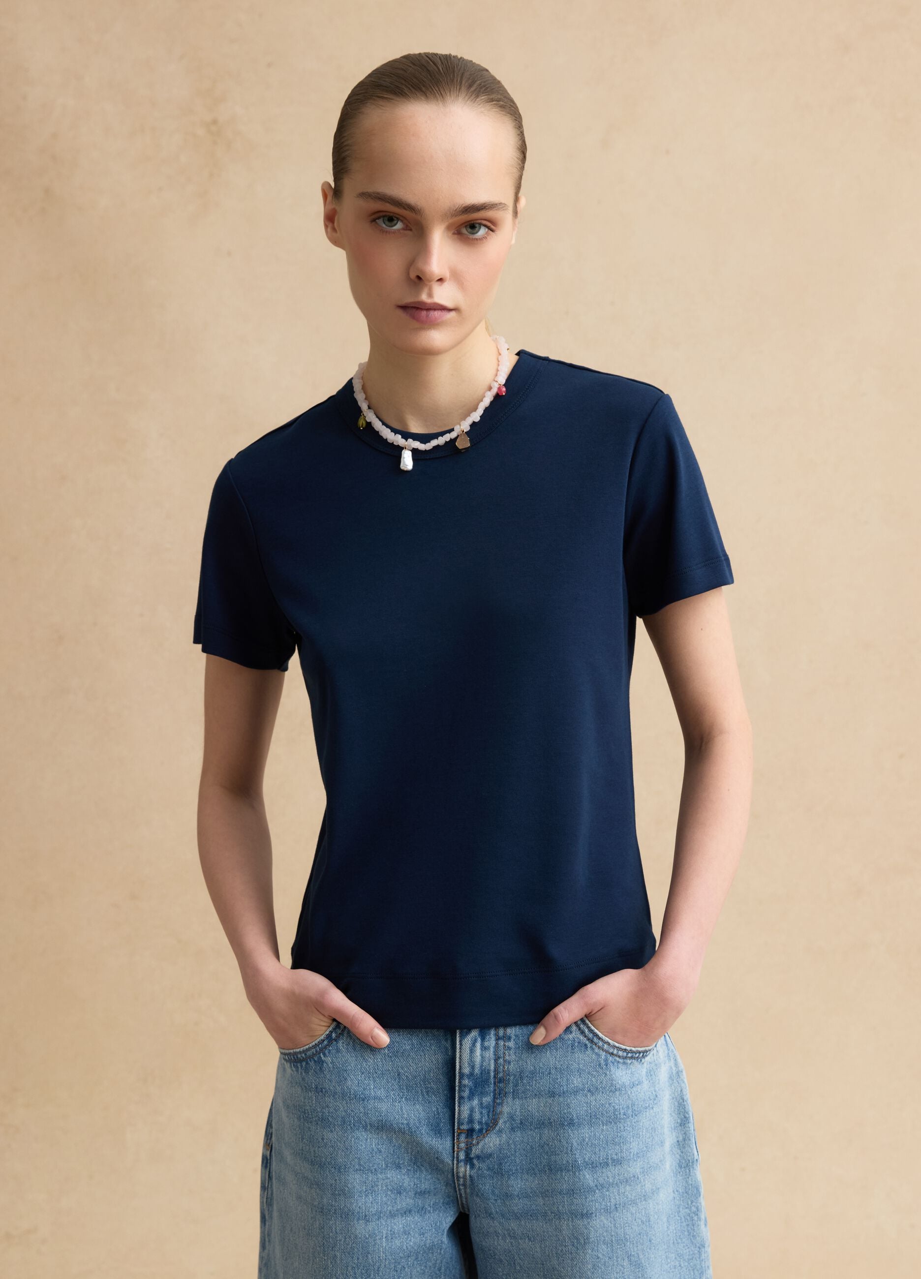 Regular fit blue cotton blend short sleeve t-shirt