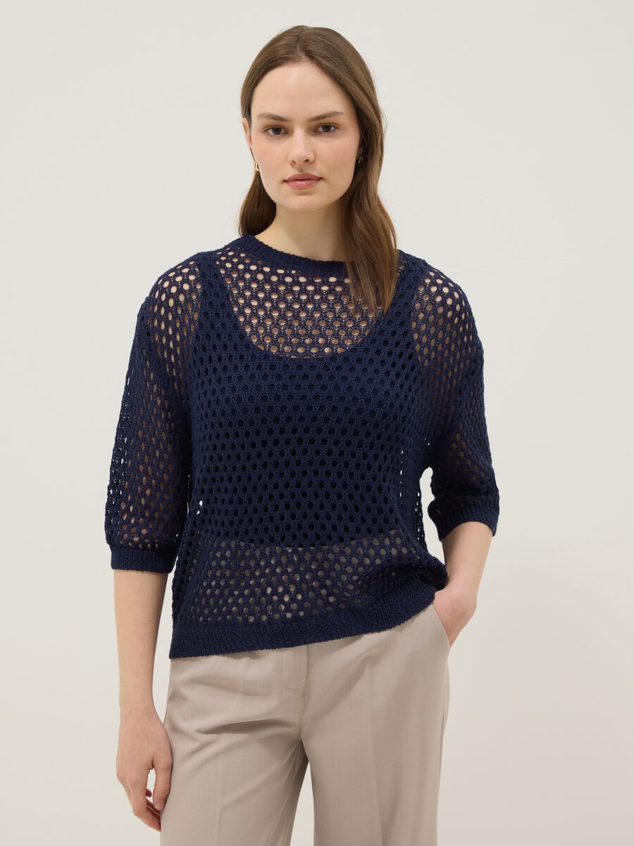 Blue open-knit three-quarter sleeve top_0