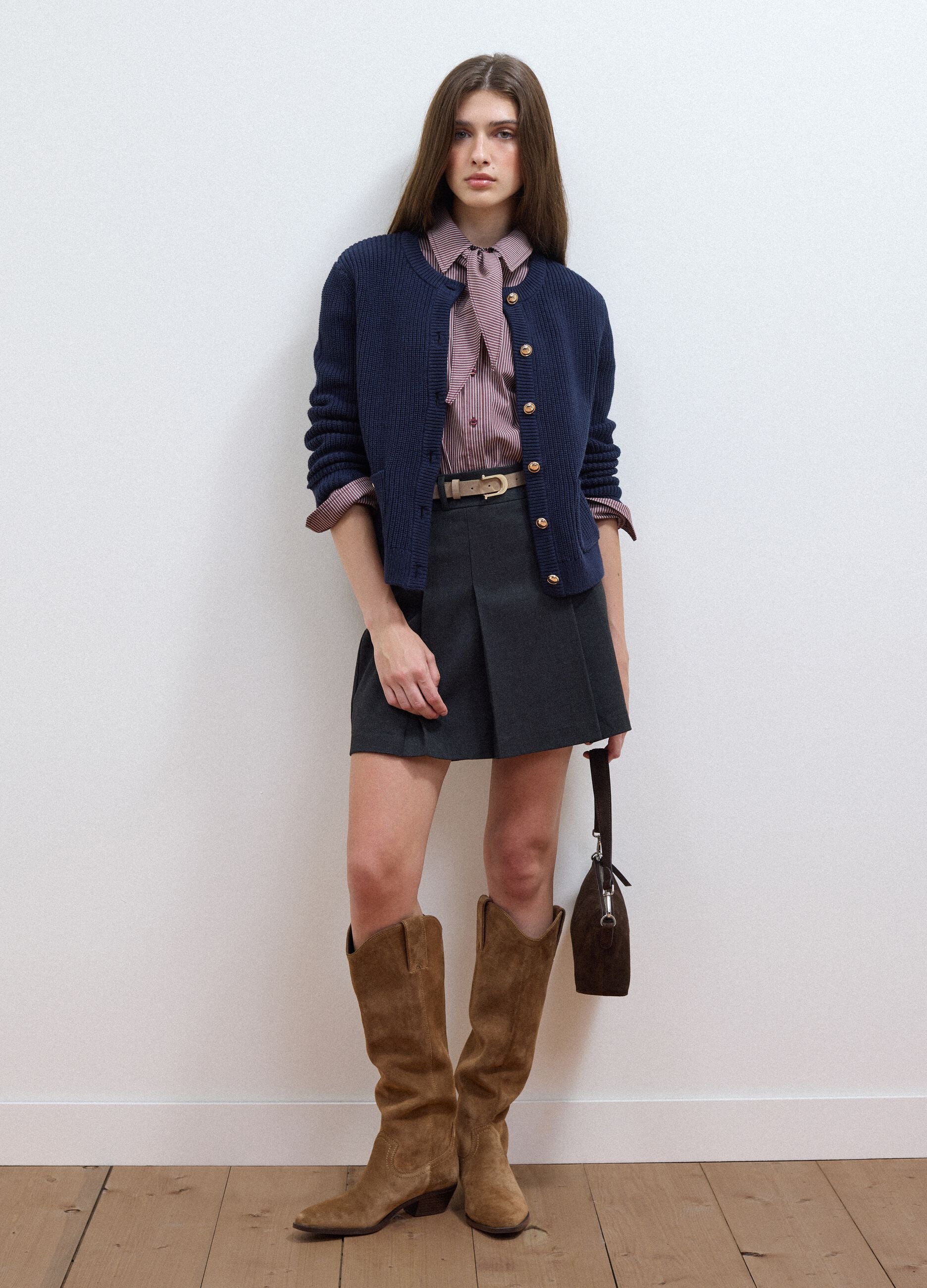 Blue pure cotton crew-neck knit cardigan
