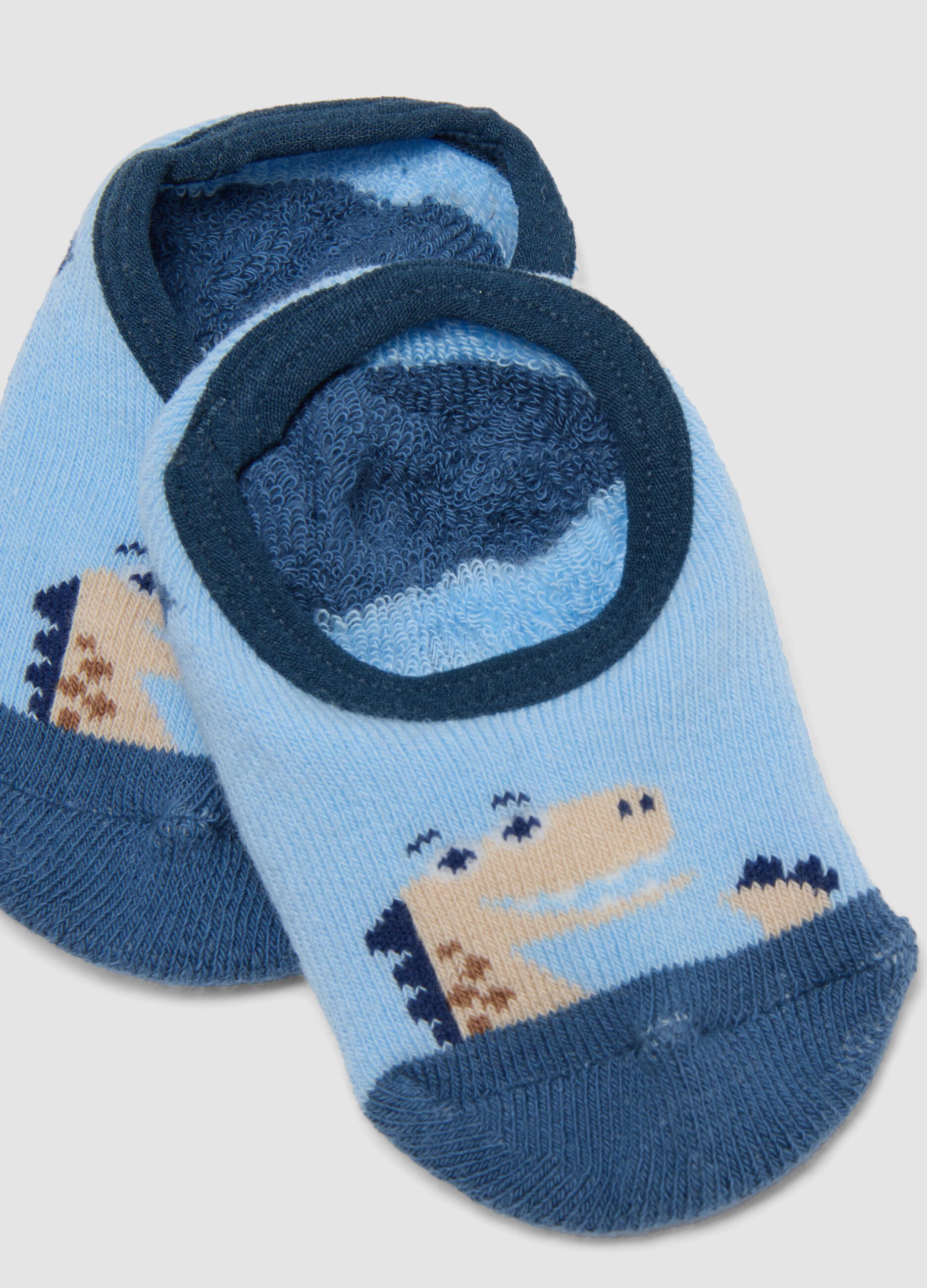 Blue anti-slip socks in organic stretch cotton with dinosaur