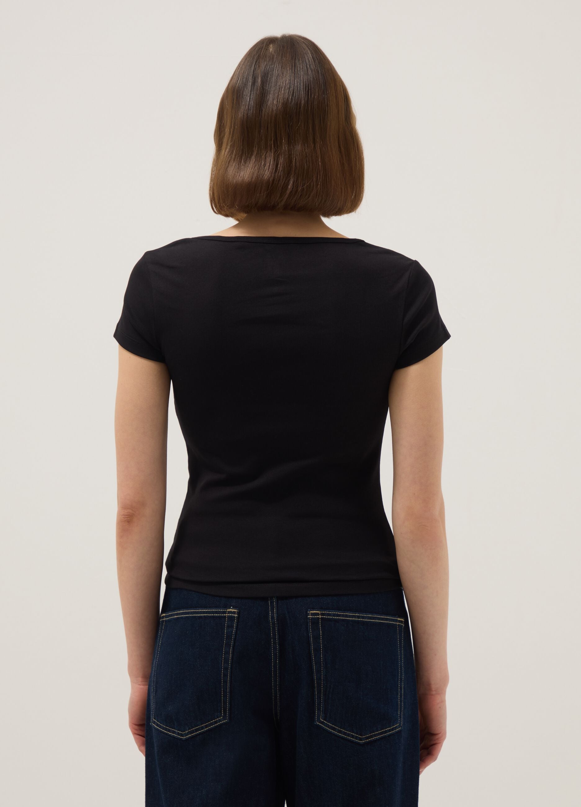 Black fitted stretch cotton T-shirt with square neckline
