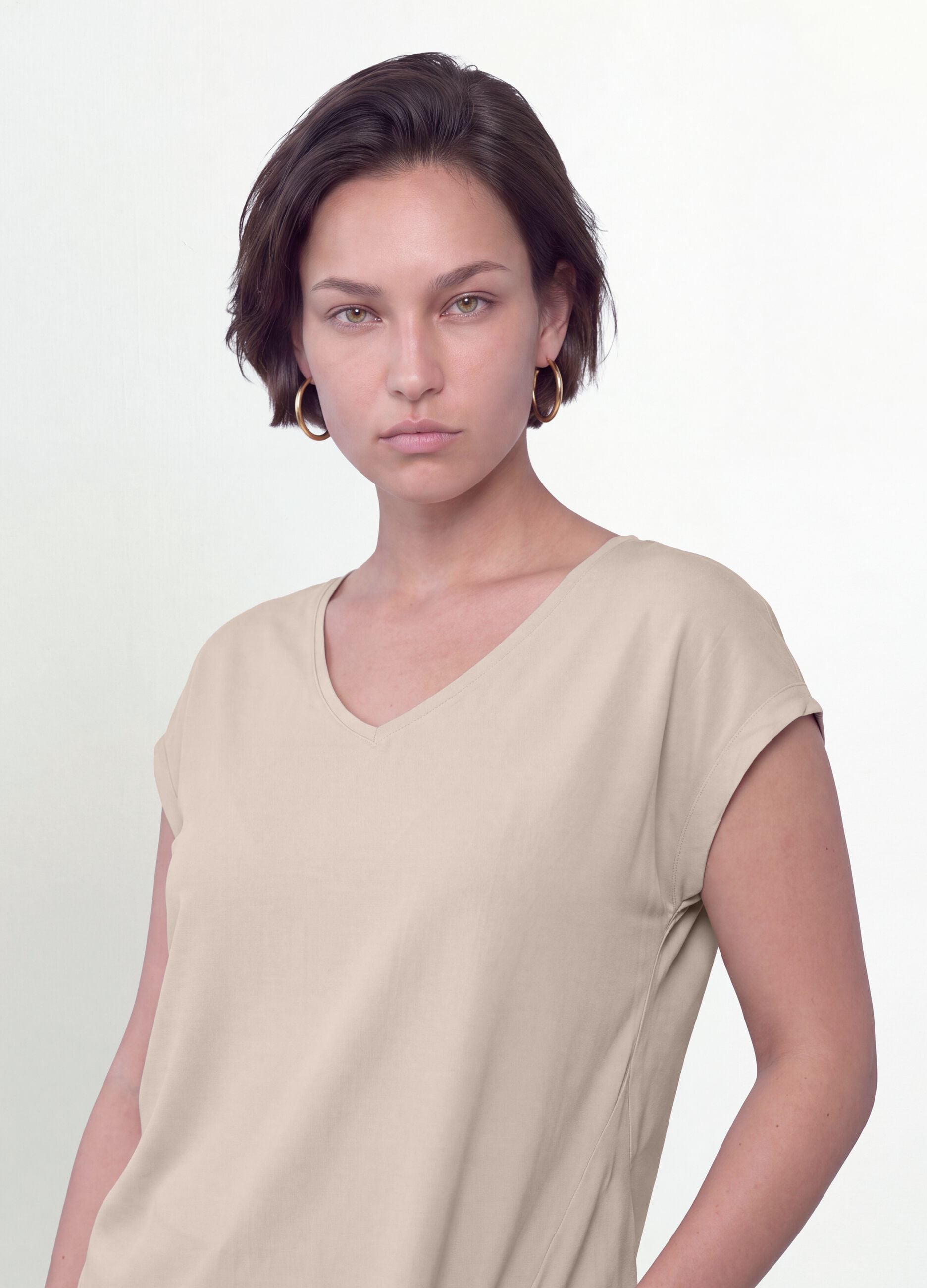 Beige pure viscose V-neck T-shirt, regular fit