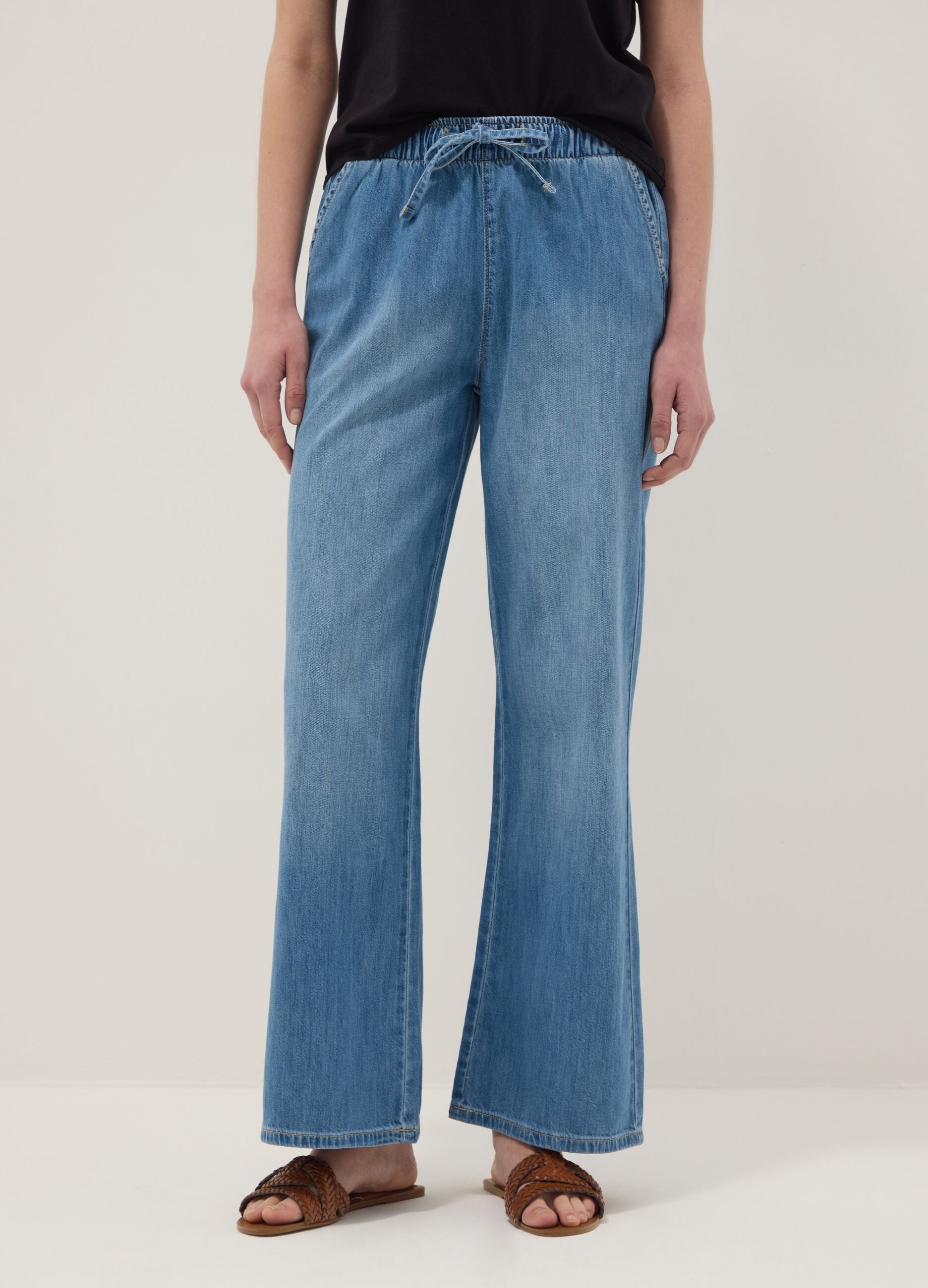 Blue pure cotton wide-leg denim jeans