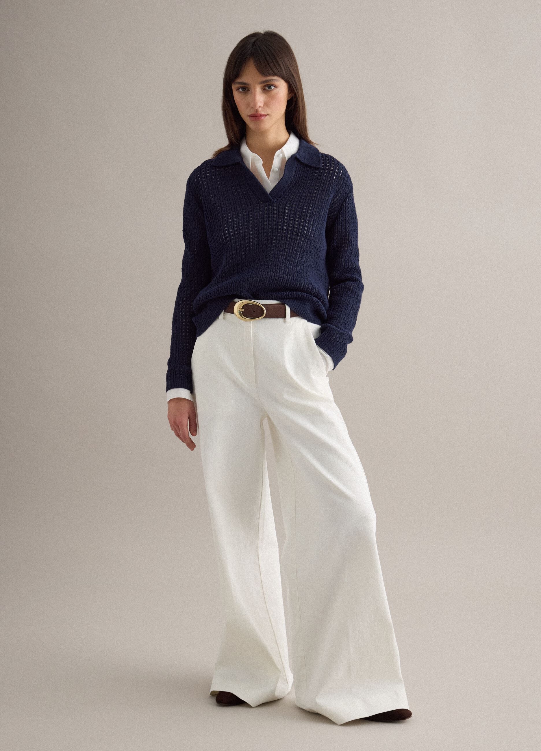 Blue cotton blend regular fit jumper with mesh pattern and polo collar