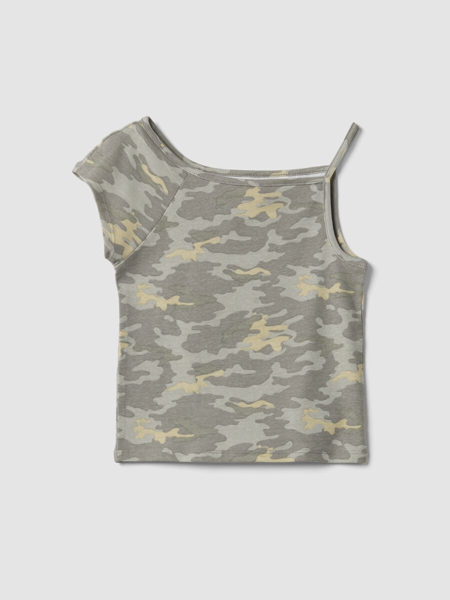 T-shirt grigia in misto cotone con stampa camouflage monospalla slim fit_3