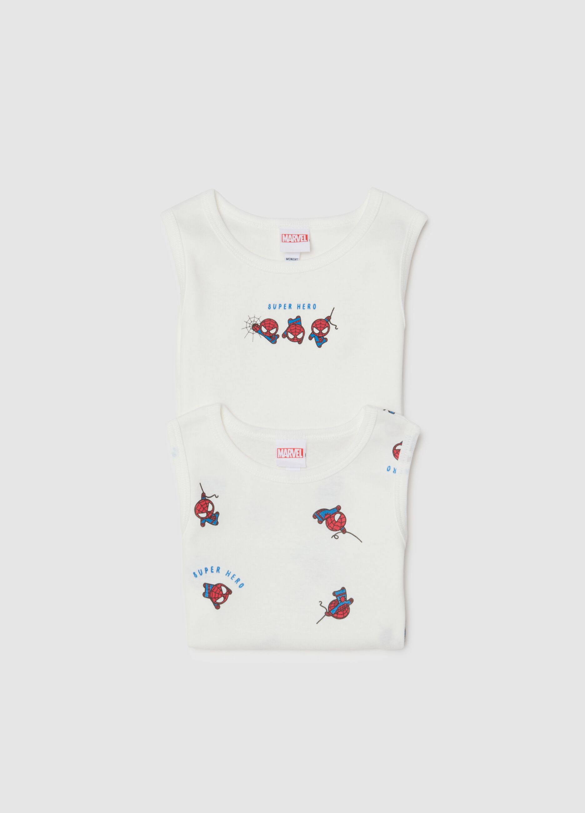 Twin pack of white sleeveless baby bodysuits in pure cotton with Spider-Man