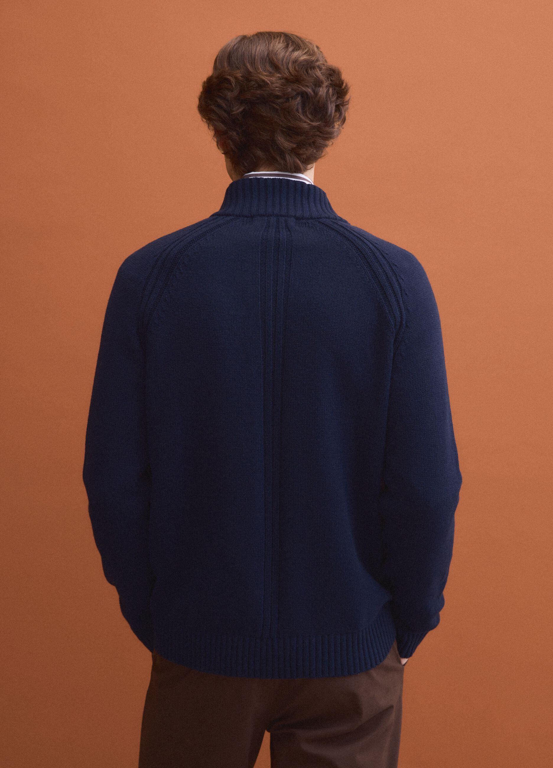 Blue cotton-blend cardigan with collar