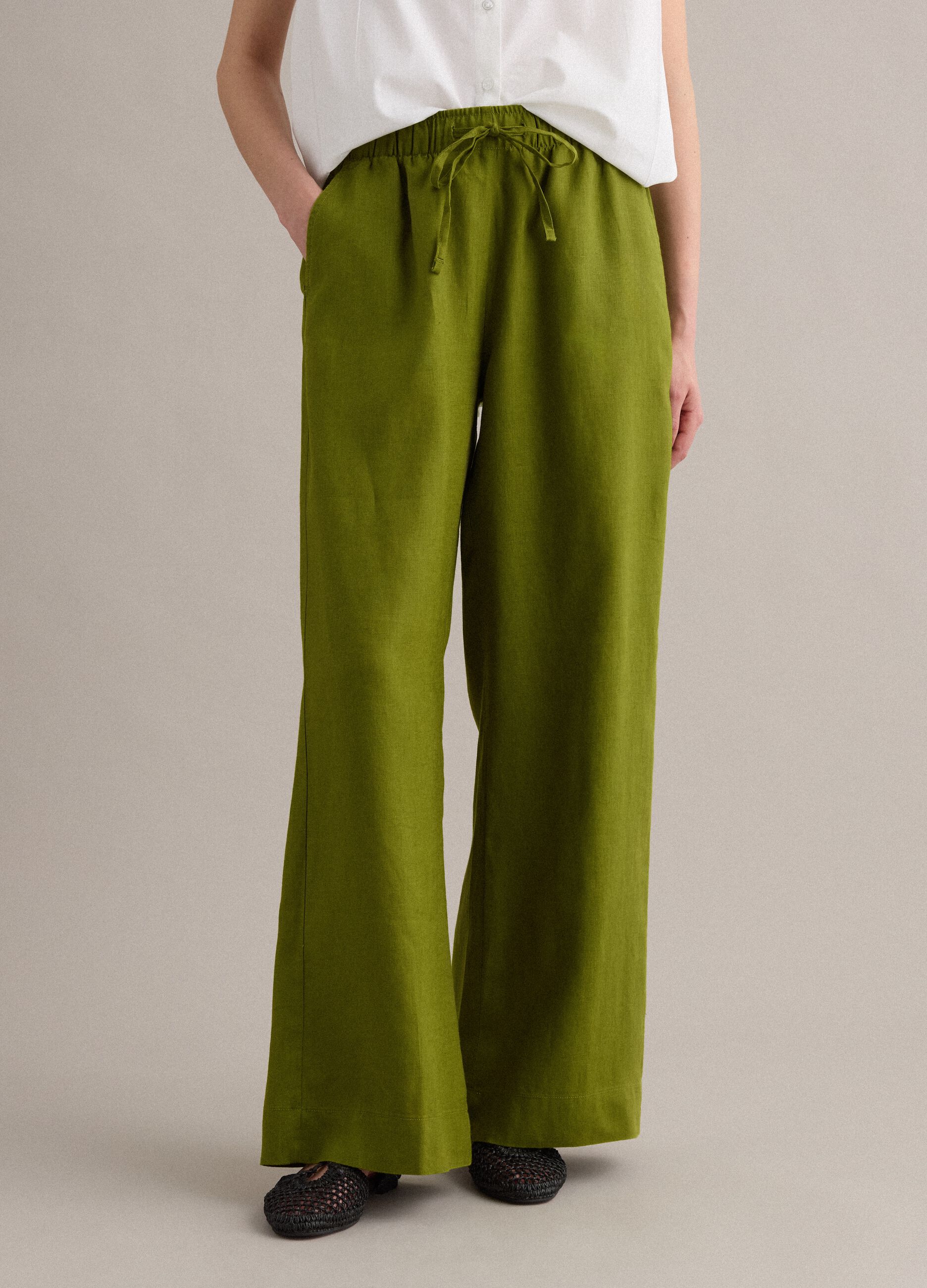 Green pure linen drawstring trousers, straight fit