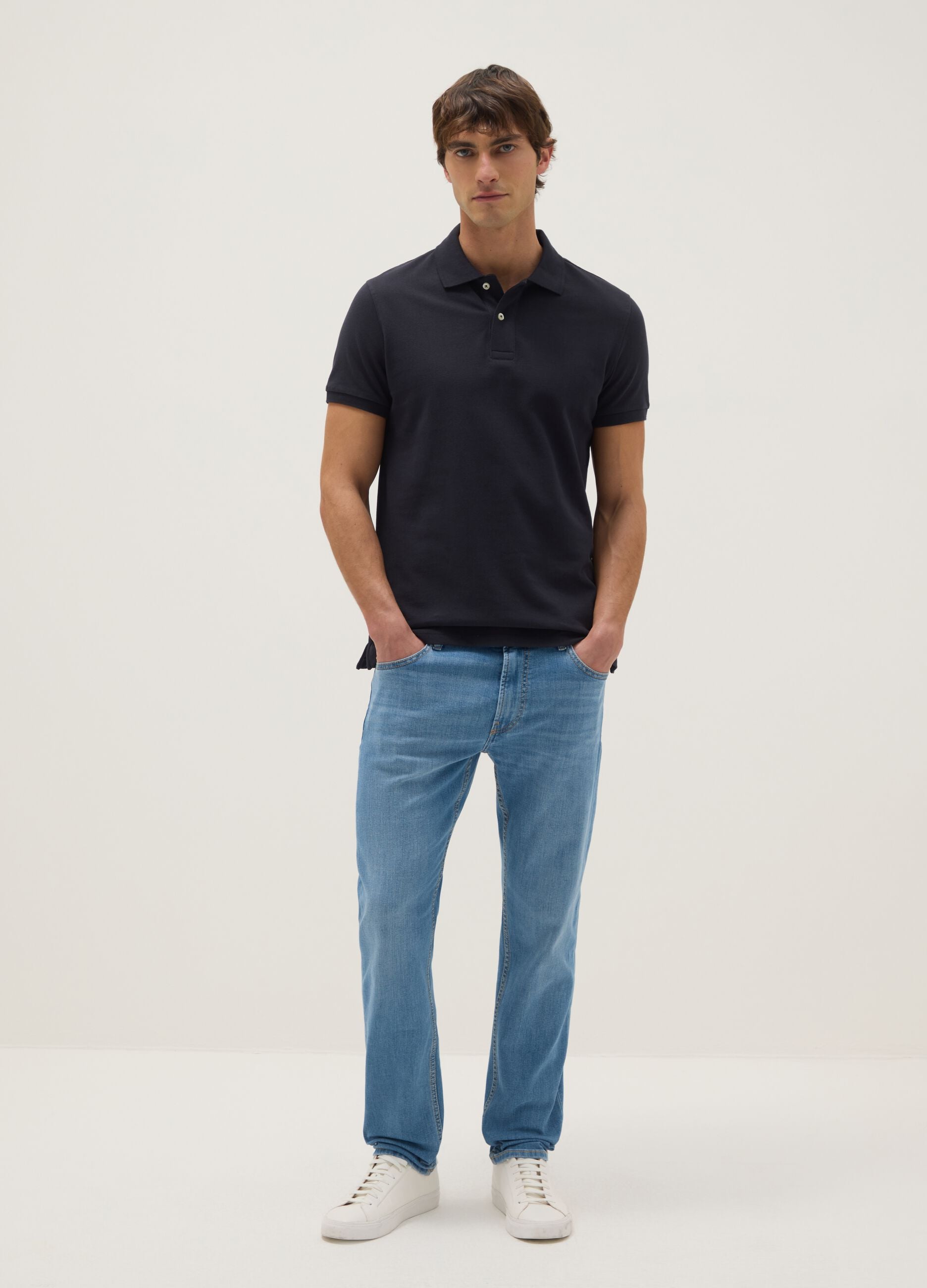Light blue slim-fit stretch cotton jeans with five pockets