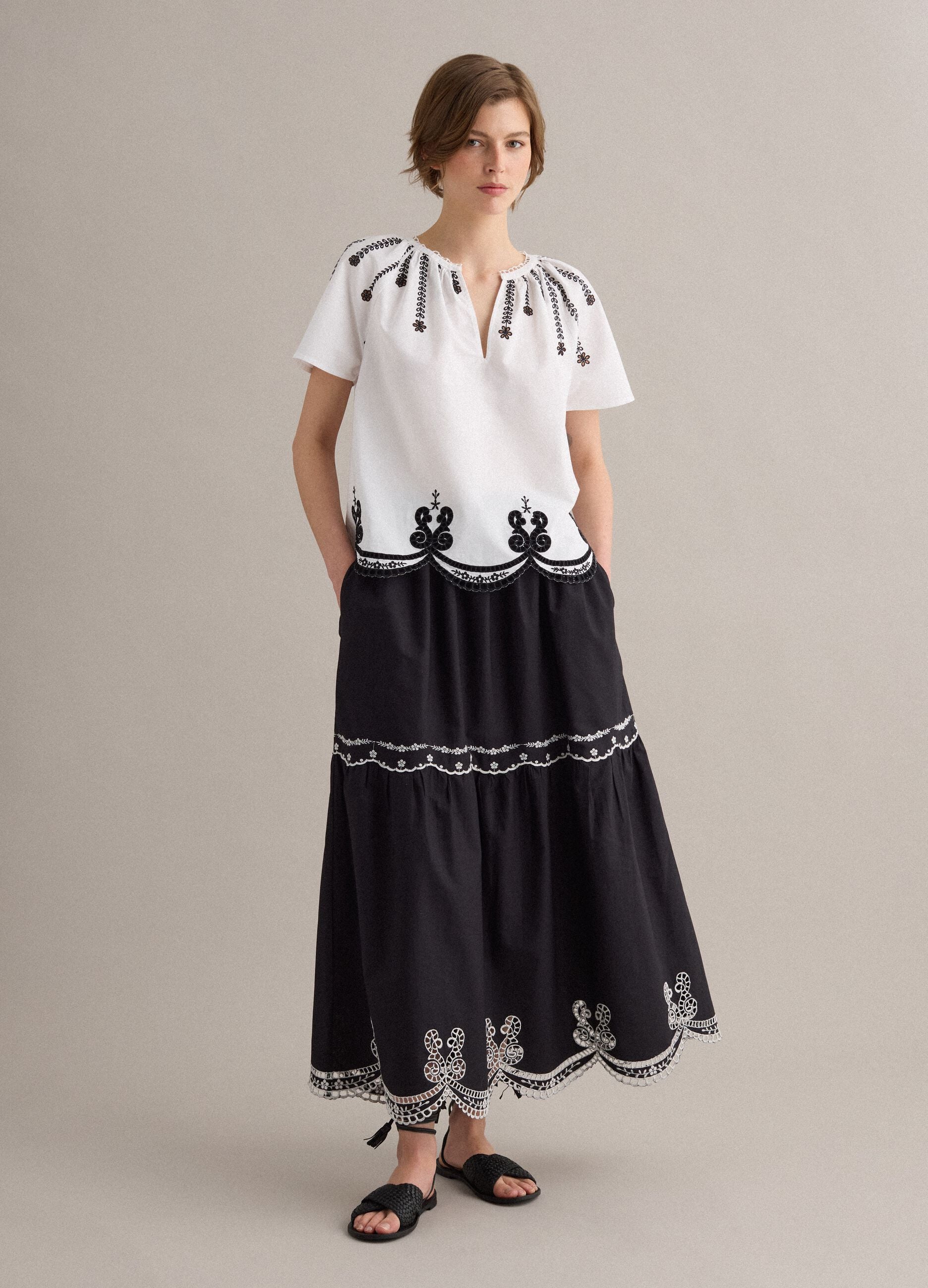 Long blue pure cotton skirt with embroidery
