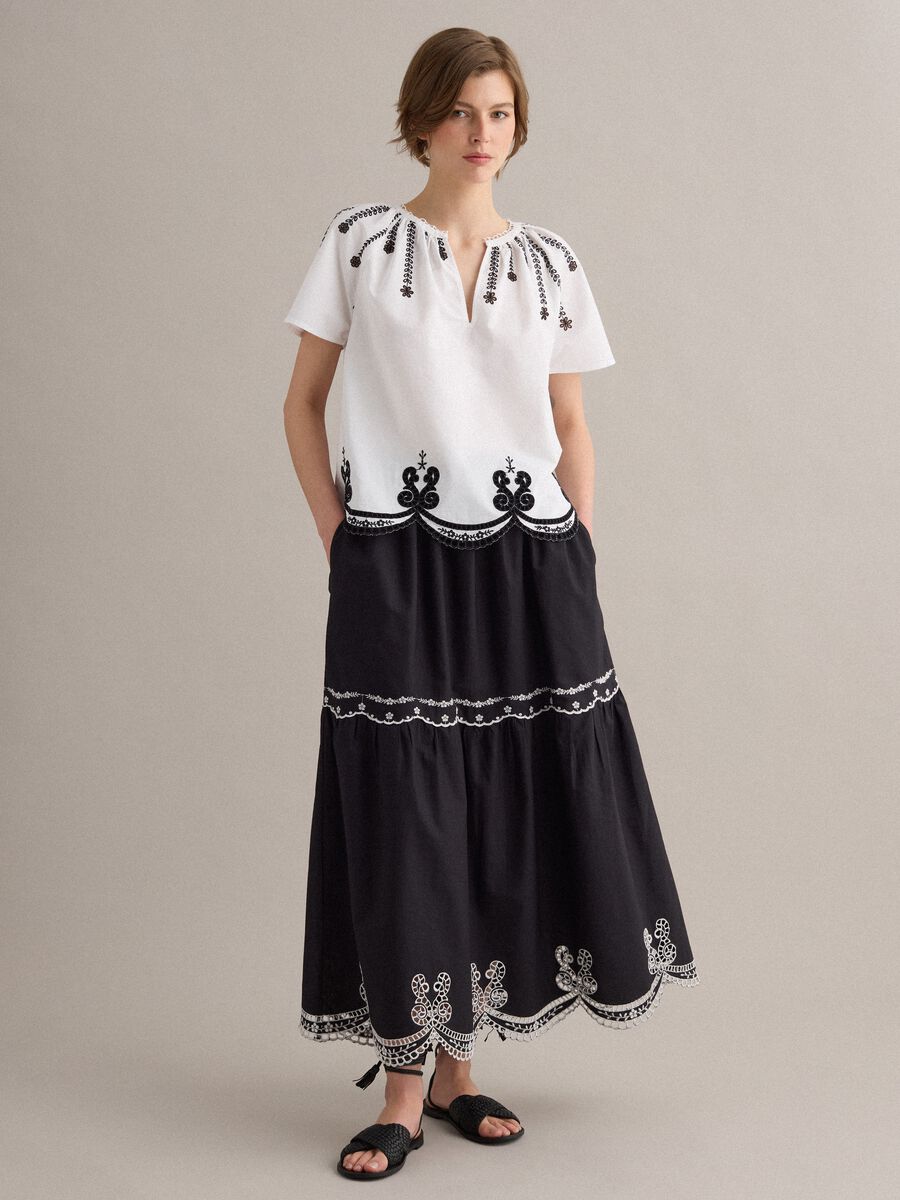 Long blue pure cotton skirt with embroidery_0