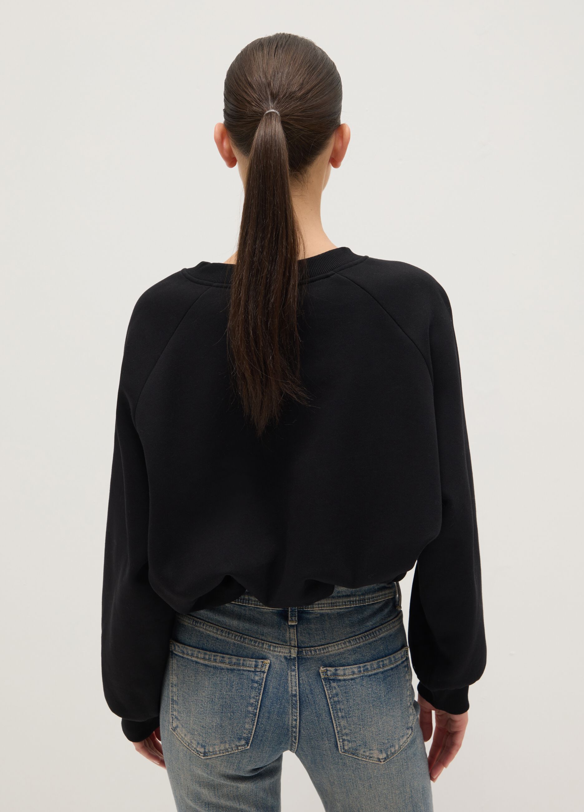 Black oversized cotton blend sweatshirt with V-neck