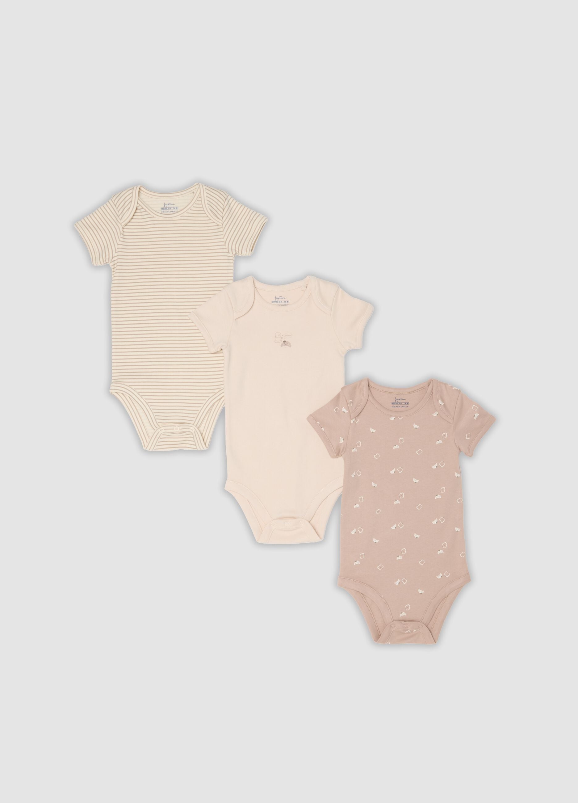 3-pack of pink and beige organic cotton short-sleeve bodysuits for babies and toddlers