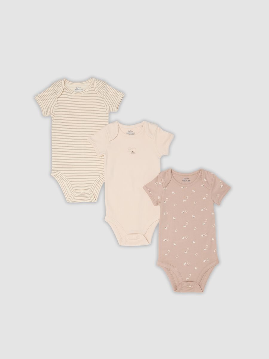 Tripack di body rosa e beige in cotone organico a maniche corte per neonati e bimbi_0