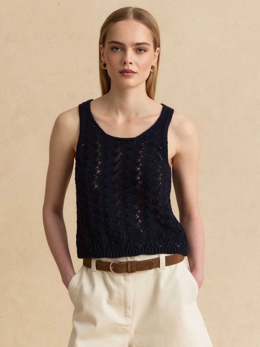 Blue pure-cotton crochet tank top_1