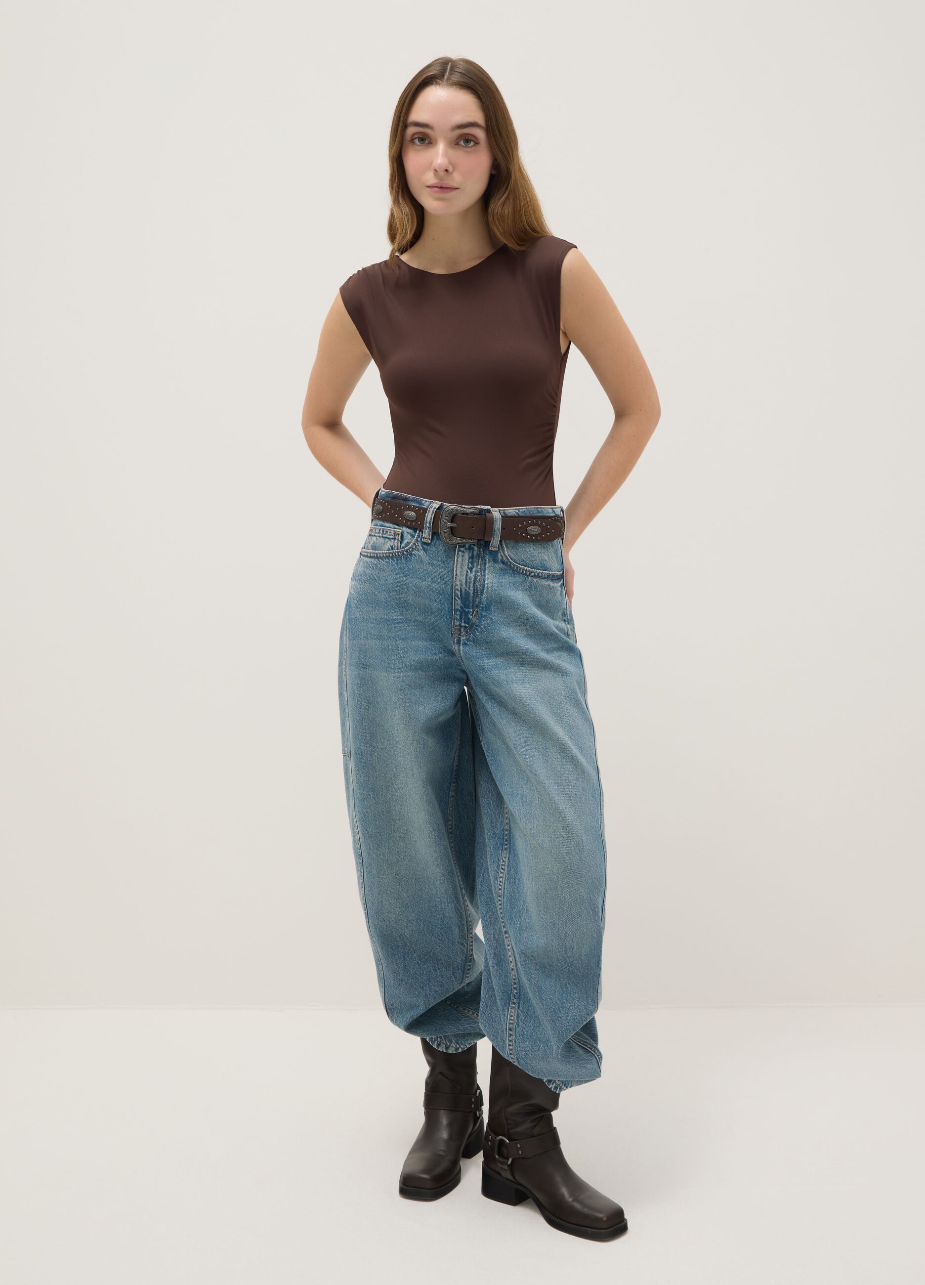 Brown stretch fabric bodysuit regular fit