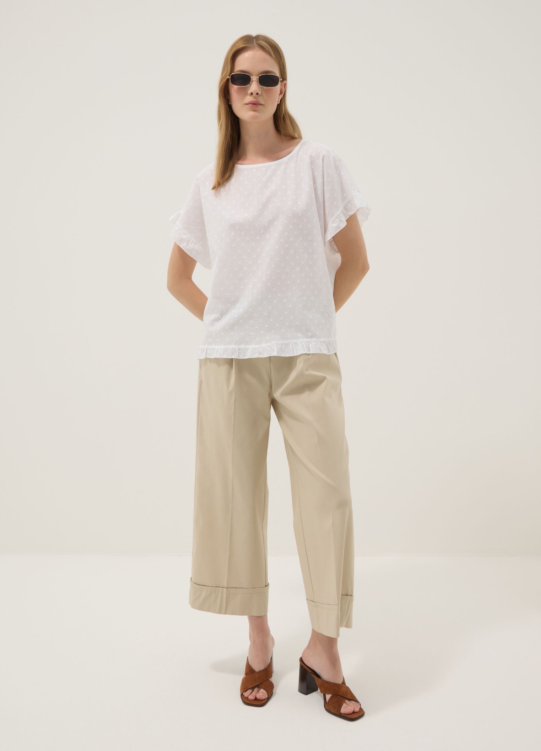 White pure-cotton blouse with ruffle trim