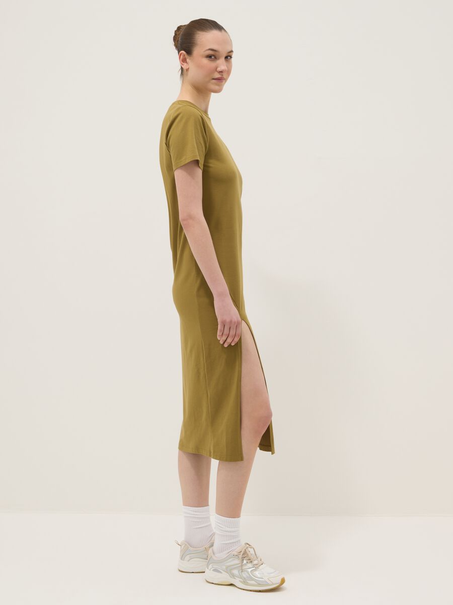 Green midi dress in stretch cotton with side slit_1
