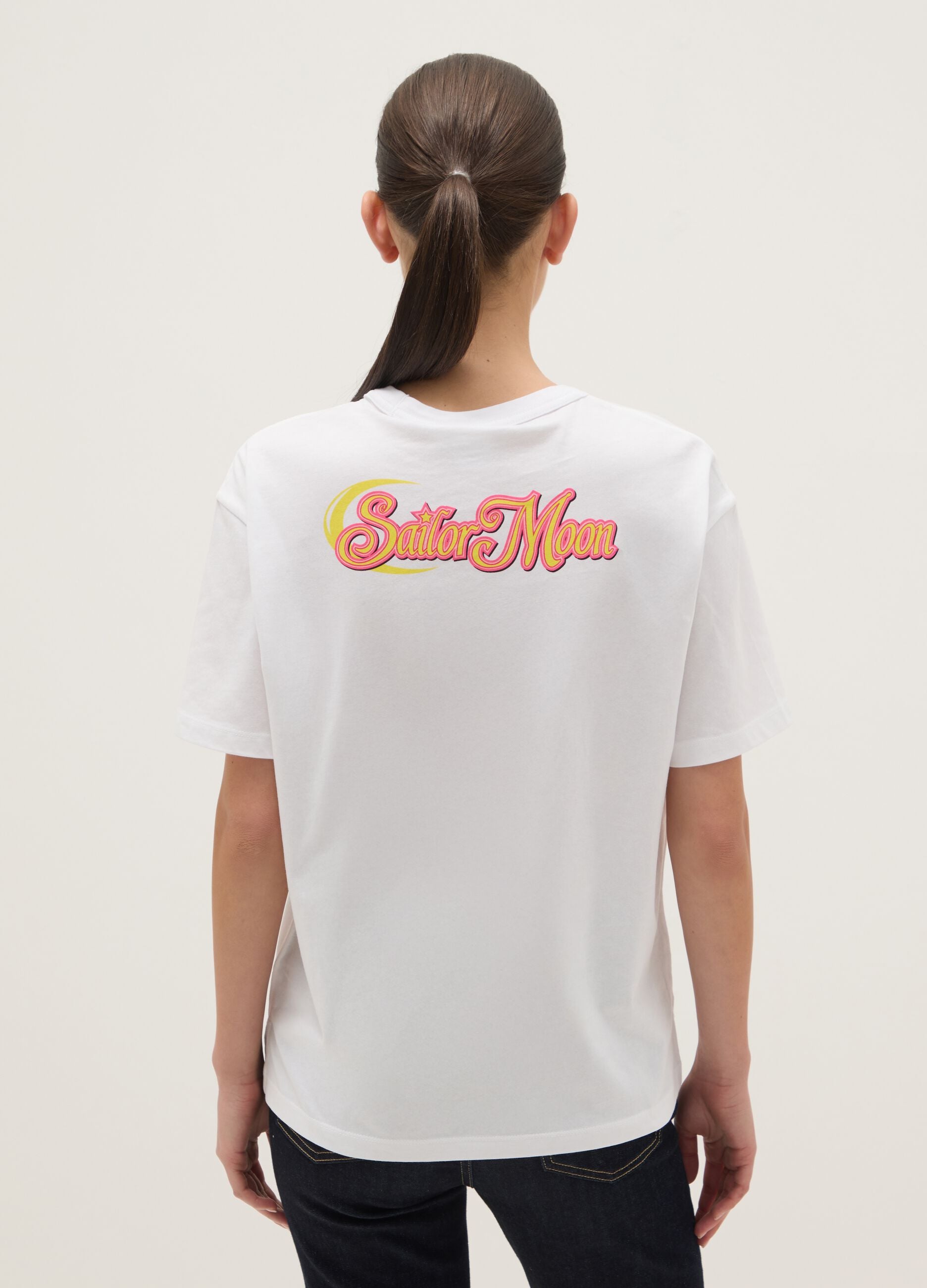 White pure cotton regular fit T-shirt with Sailor Moon print