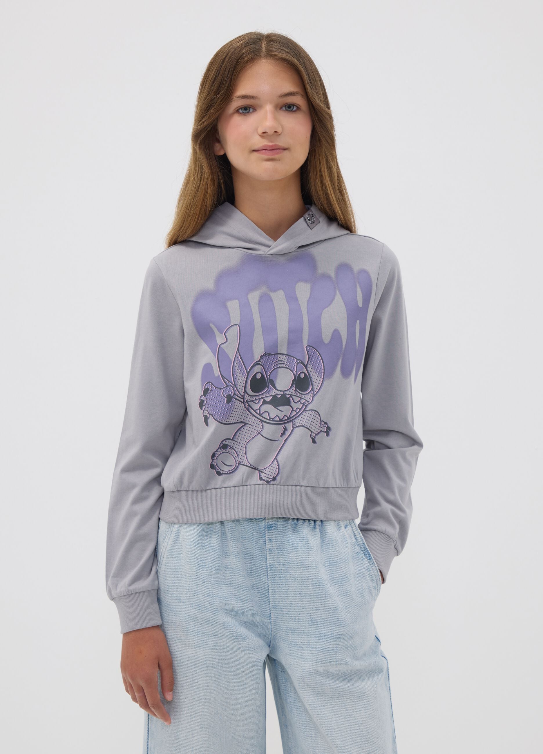 Grey pure cotton hoodie with Lilo & Stitch print for girls