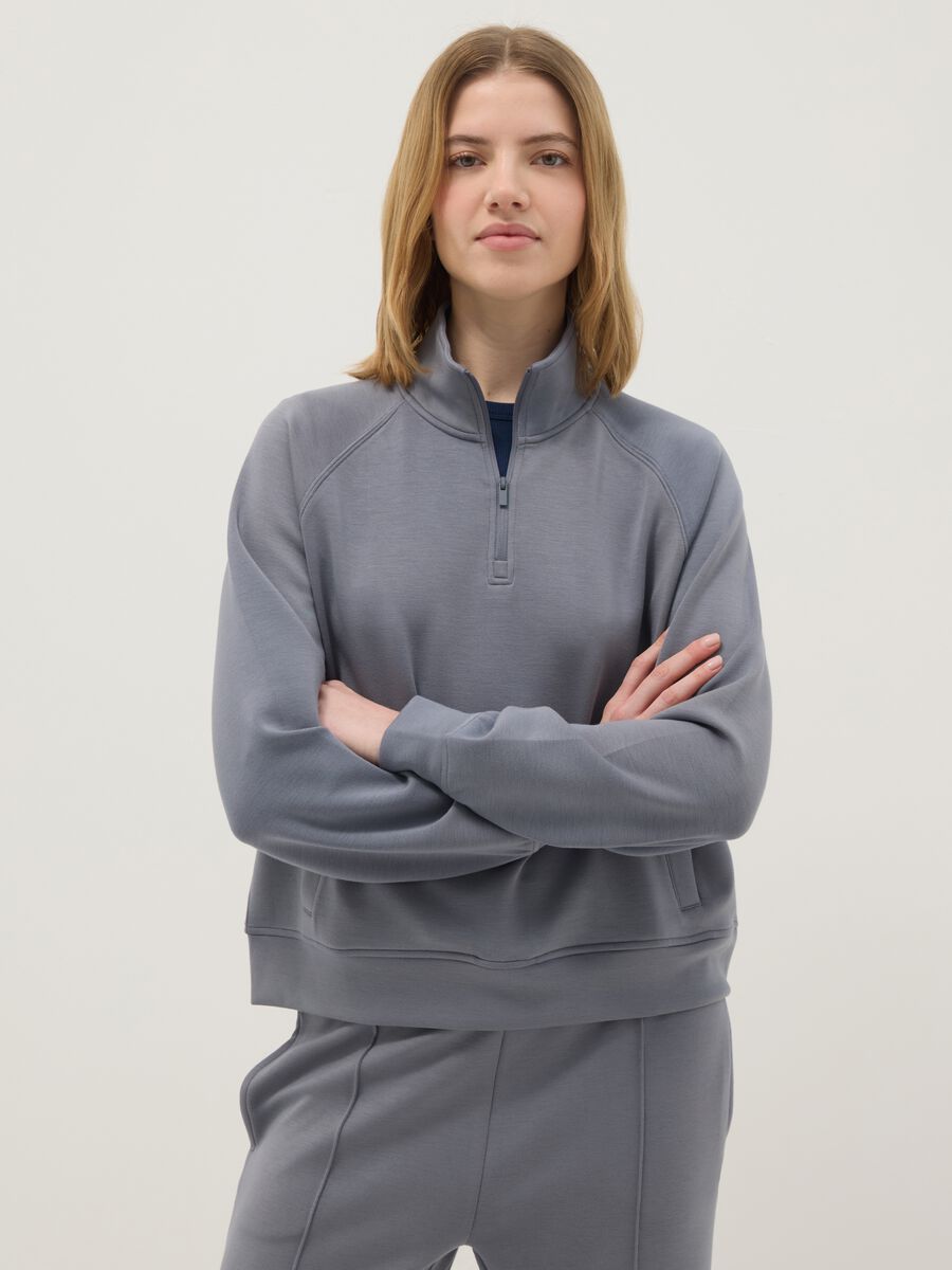 Felpa in misto modal grigia regular fit con mezza zip_0