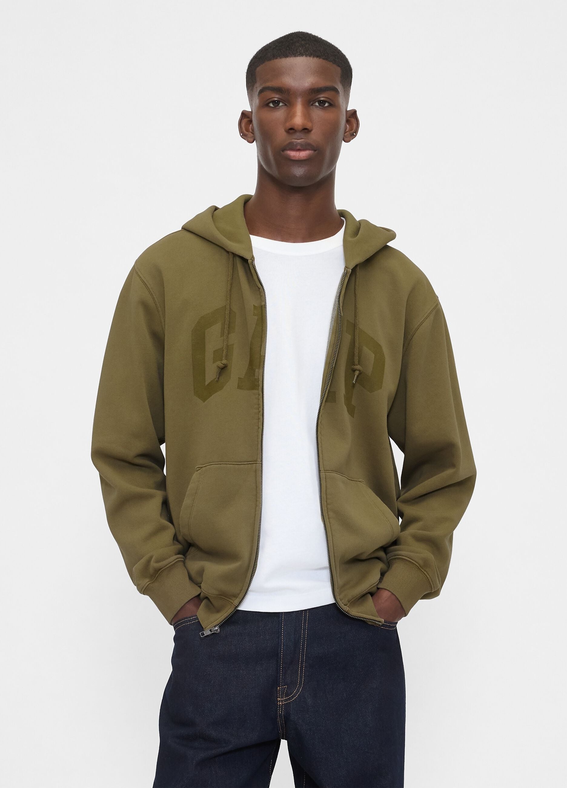 Green cotton blend zip-up hoodie