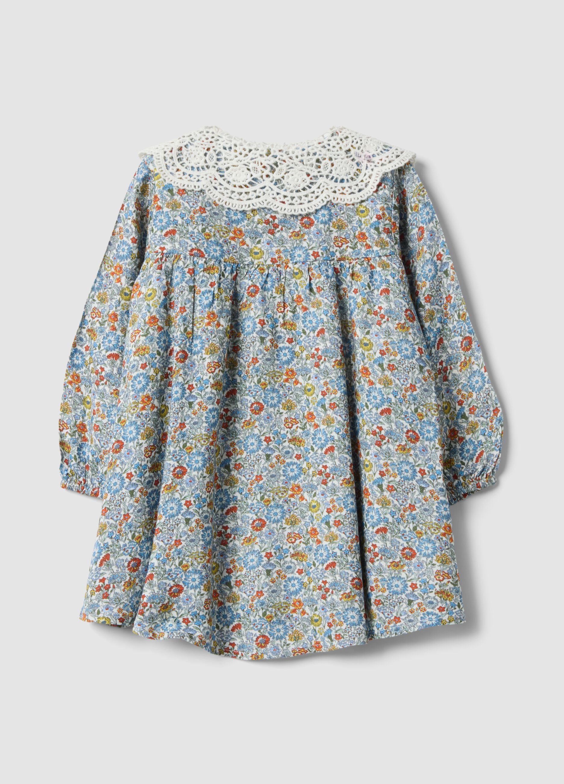 Multicolour pure viscose floral dress with lace collar