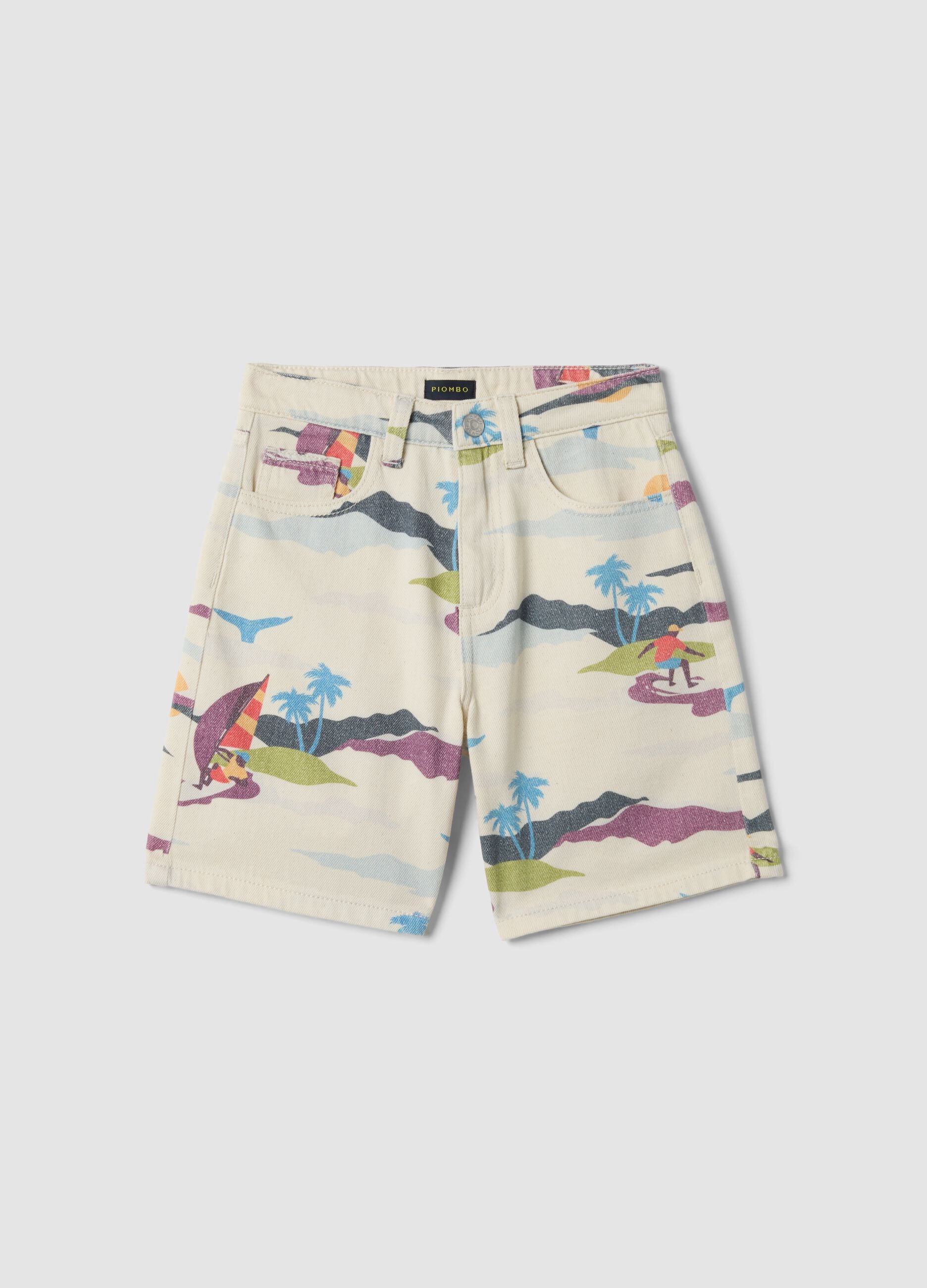 Beige pure cotton shorts with all-over print