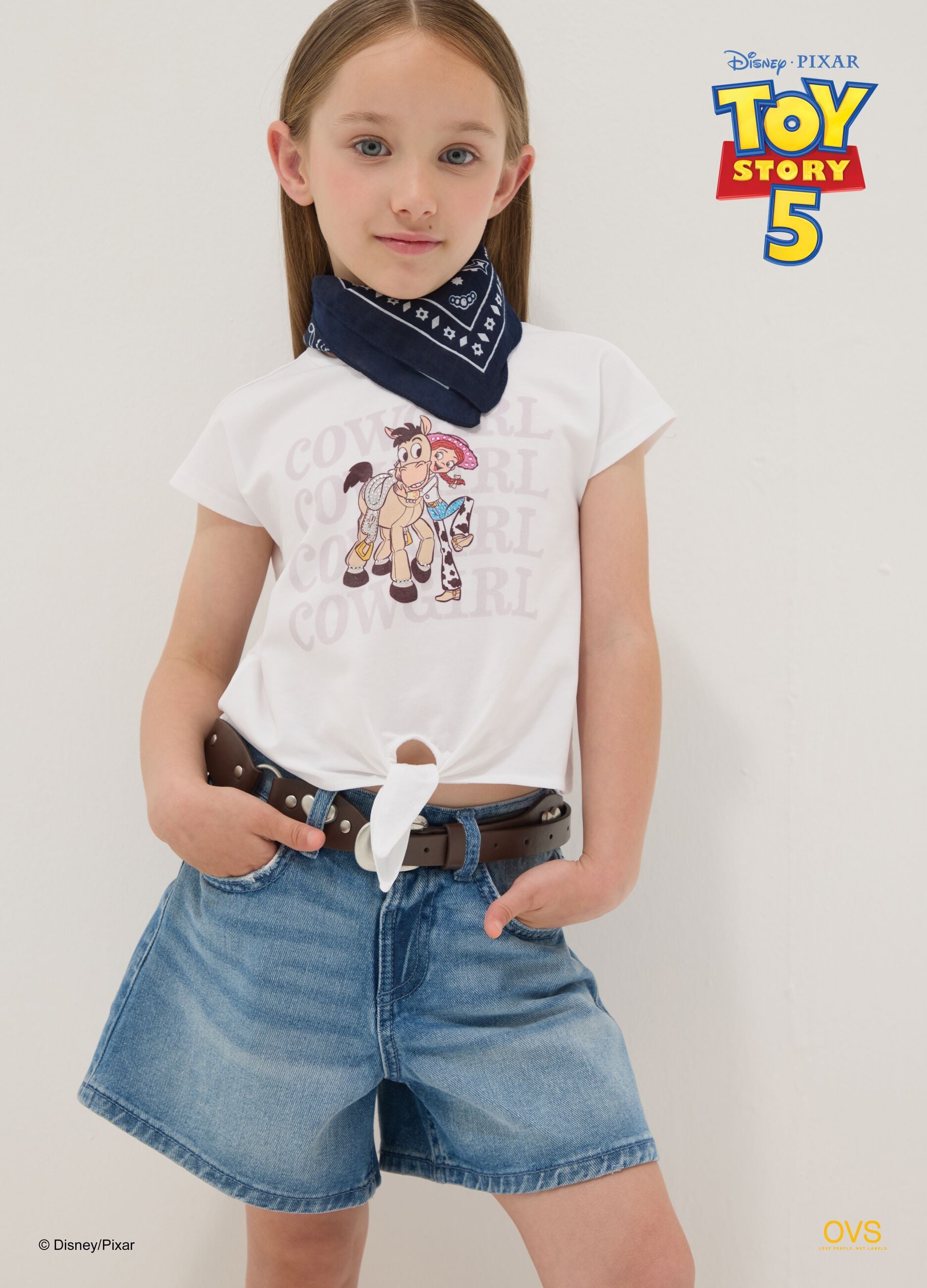White stretch cotton T-shirt with knot and Toy Story print for girls