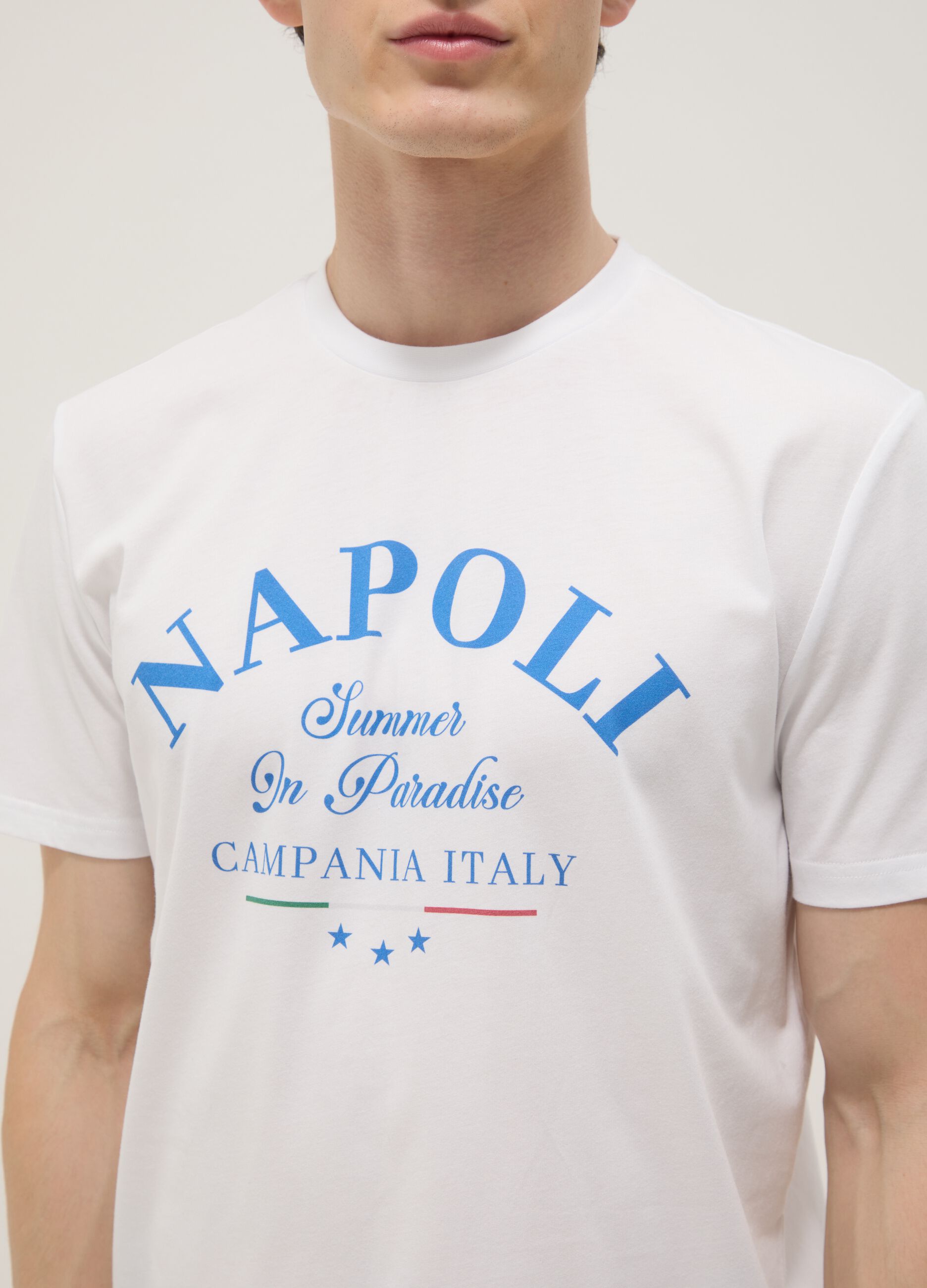 White pure cotton T-shirt with print, regular fit